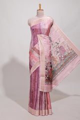 Onion pink kalamakri tussar saree body with floral creeper prints zari border and kalamkari peacock motif print pallu