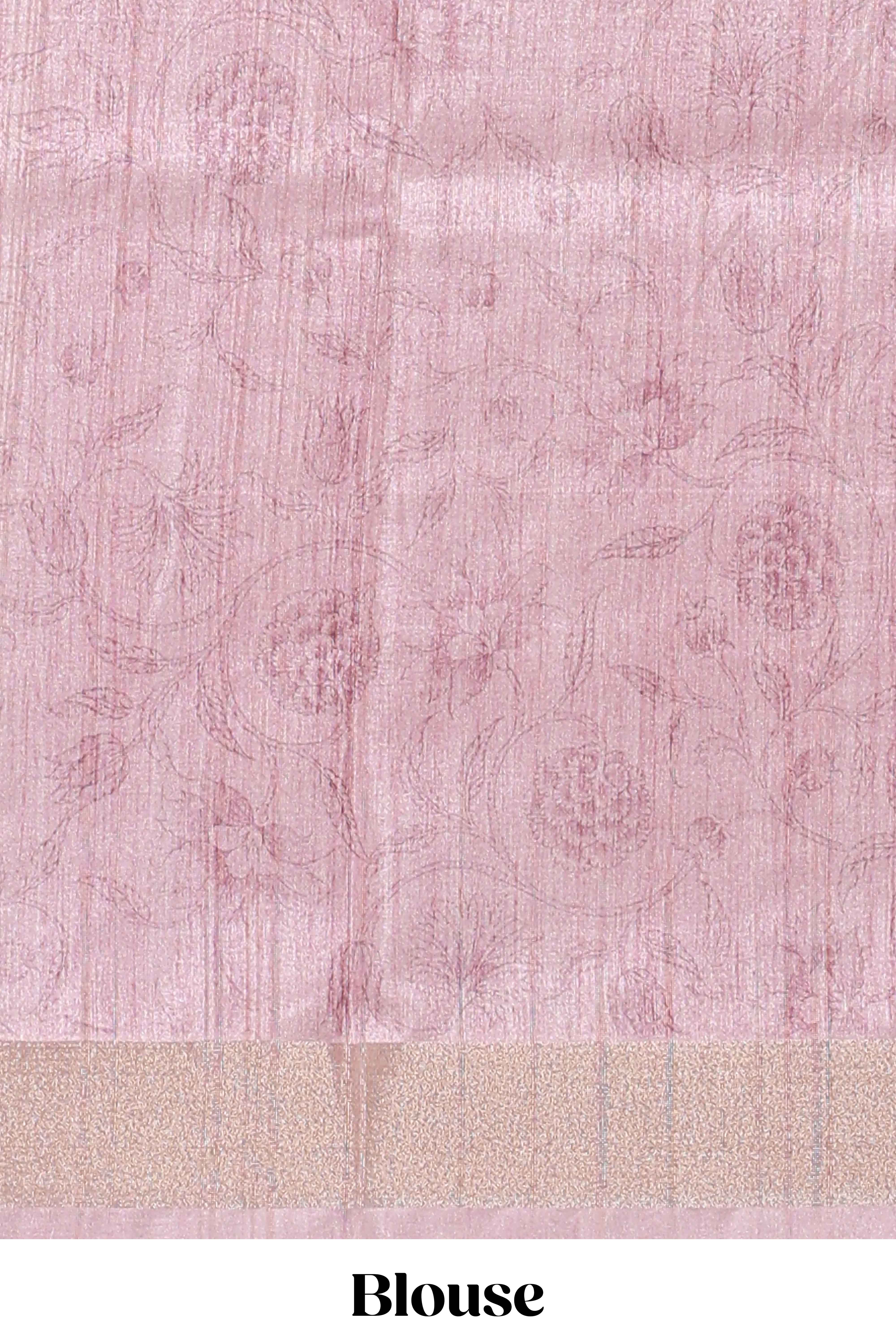 Onion pink kalamakri tussar saree body with floral creeper prints zari border and kalamkari peacock motif print pallu