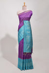 Violet semi tussar saree all over zari checks and buttas with contrast border and contrast blouse