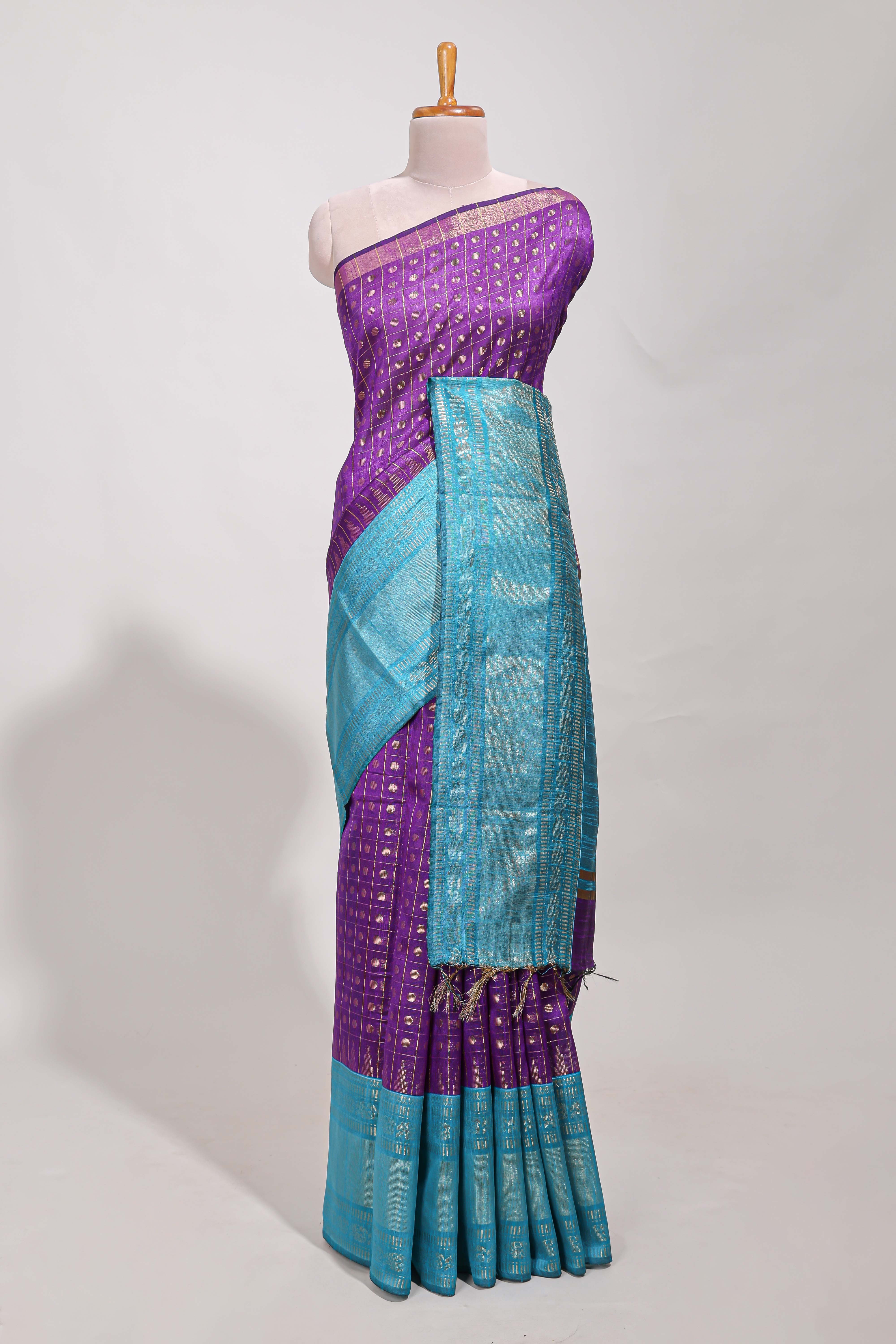 Violet semi tussar saree all over zari checks and buttas with contrast border and contrast blouse
