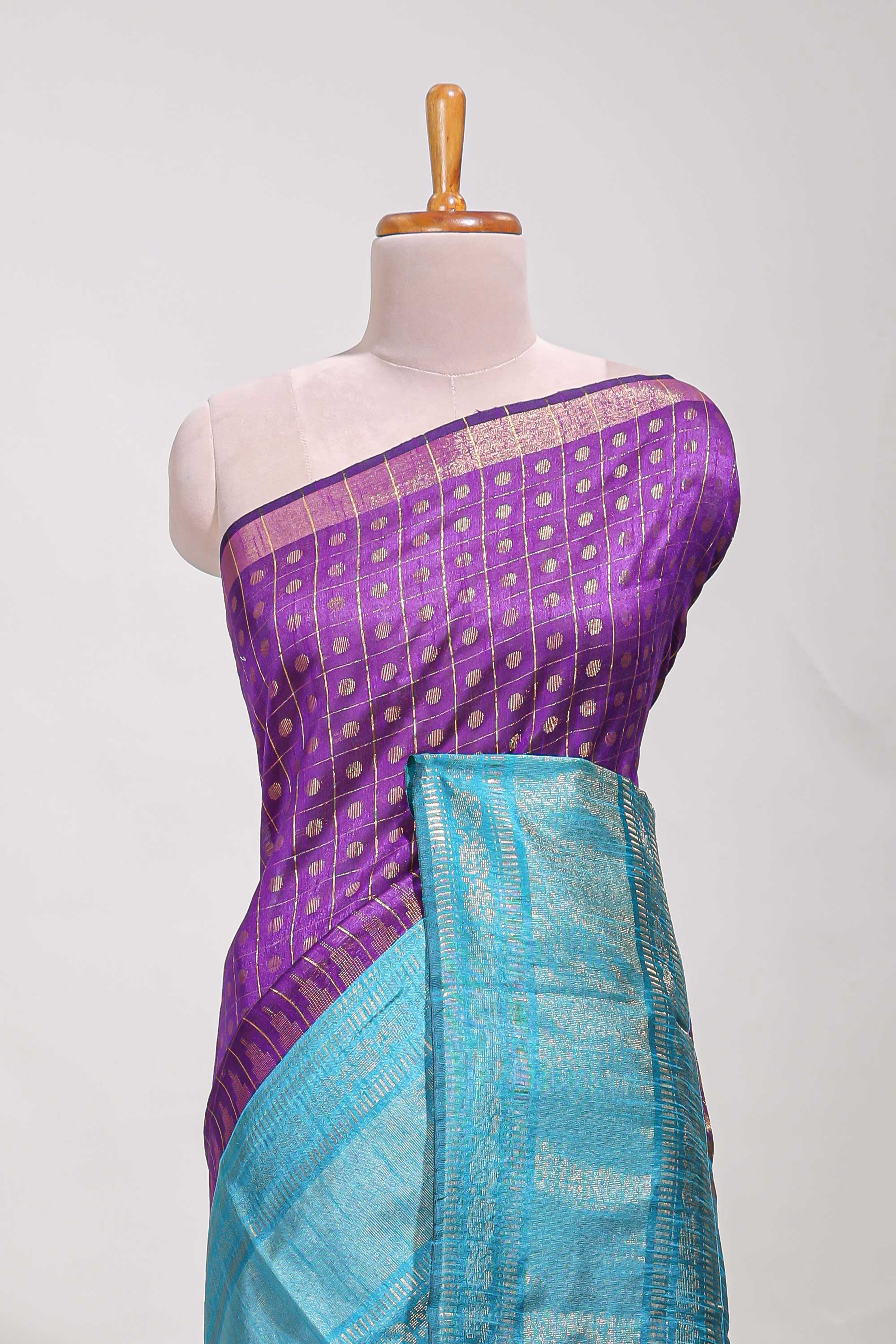 Violet semi tussar saree all over zari checks and buttas with contrast border and contrast blouse