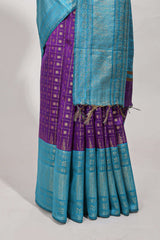 Violet semi tussar saree all over zari checks and buttas with contrast border and contrast blouse
