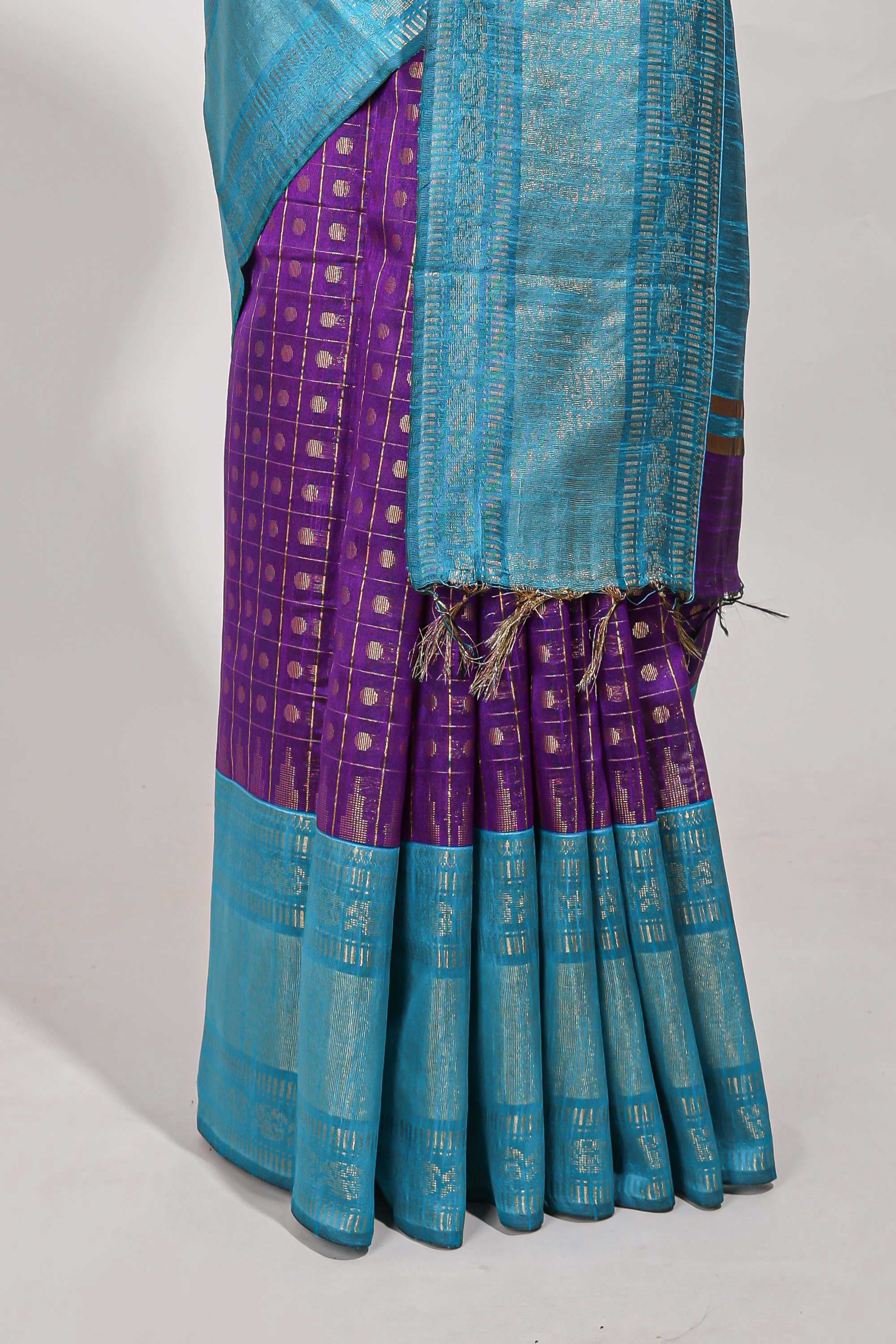 Violet semi tussar saree all over zari checks and buttas with contrast border and contrast blouse