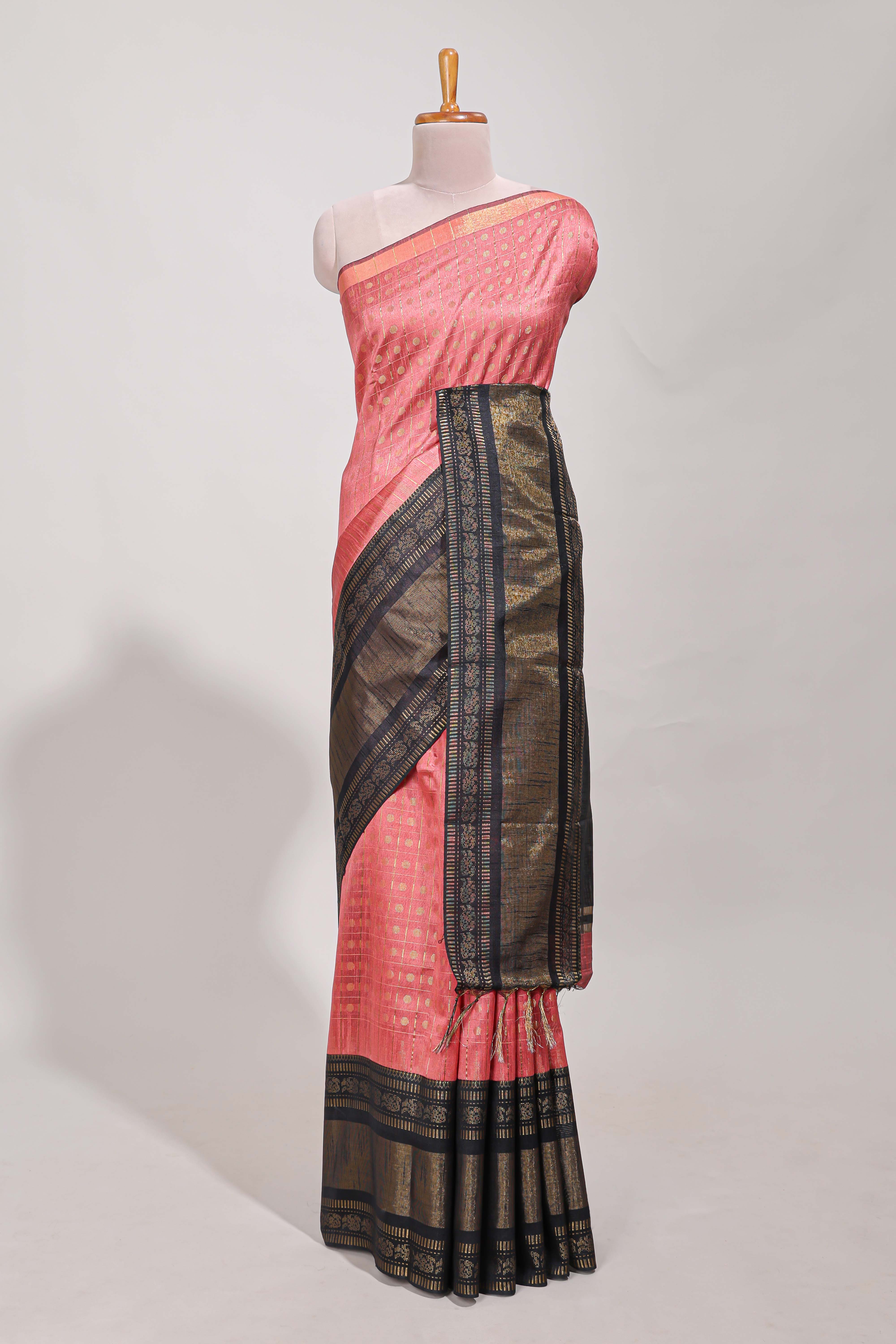 Pink semi tussar saree all over zari checks and buttas with contrast border and contrast blouse