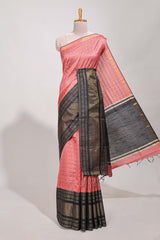 Pink semi tussar saree all over zari checks and buttas with contrast border and contrast blouse