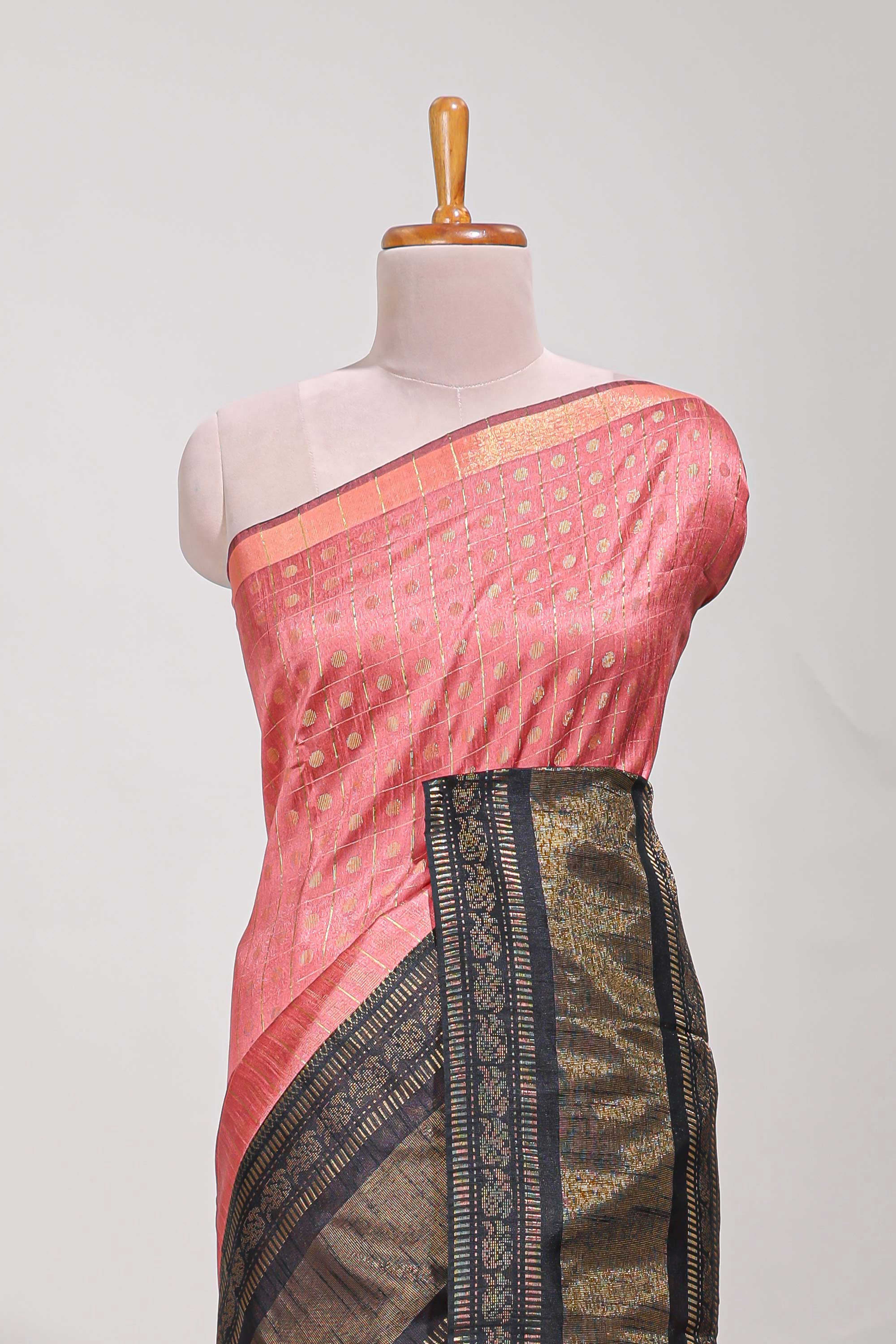 Pink semi tussar saree all over zari checks and buttas with contrast border and contrast blouse