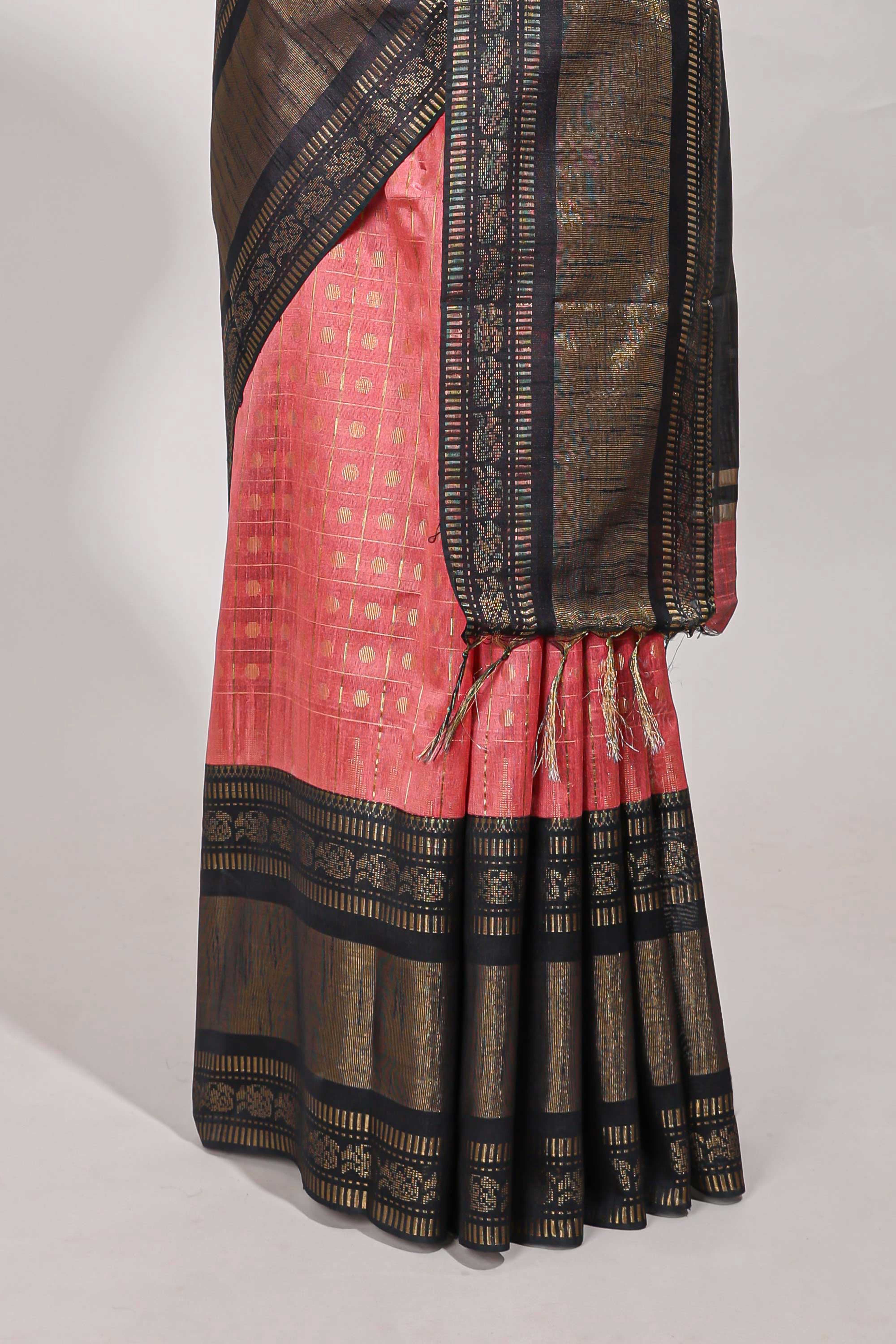 Pink semi tussar saree all over zari checks and buttas with contrast border and contrast blouse