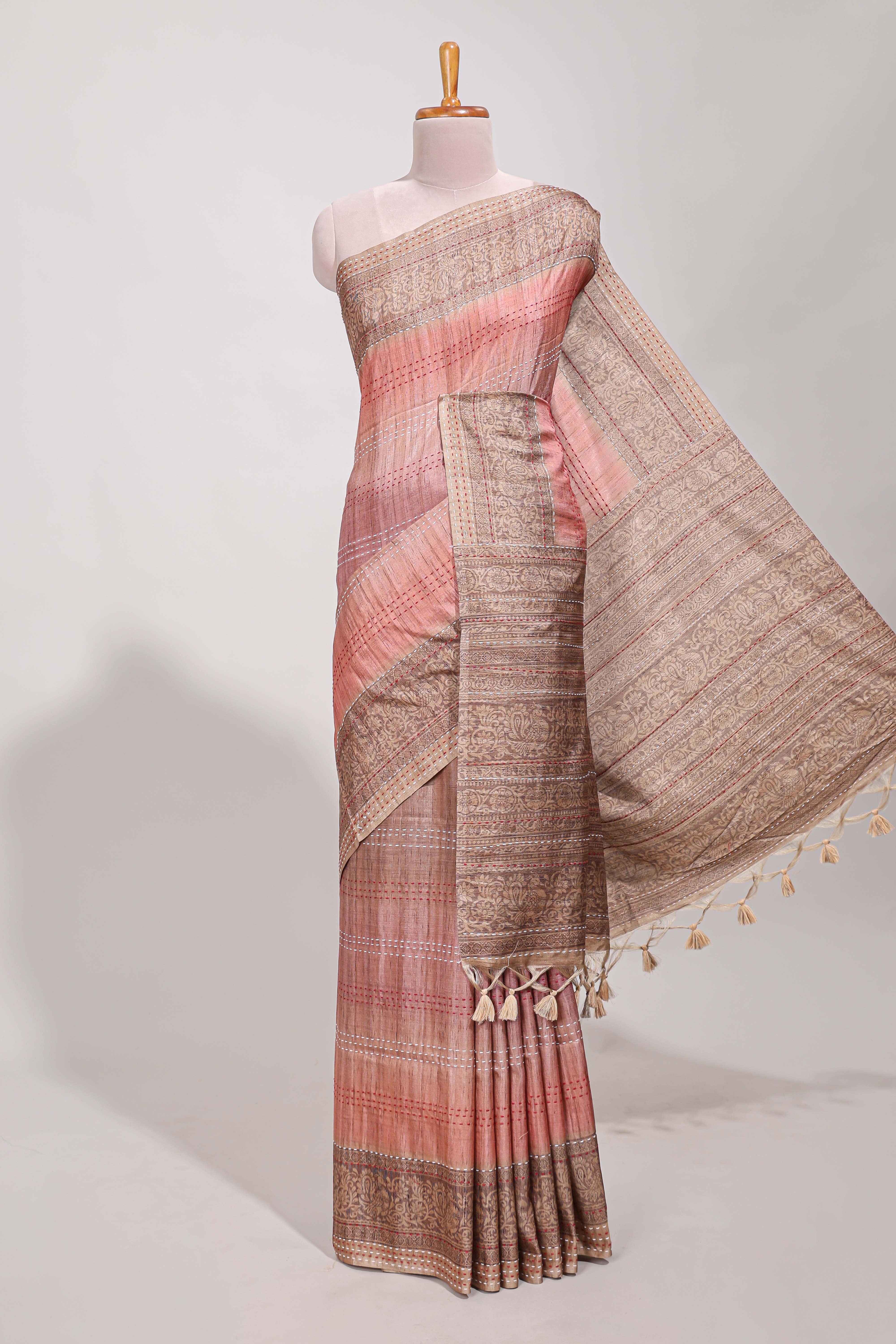 Peach semi tussar saree all hand work embroidery with contrast border and contrast printed printed pallu