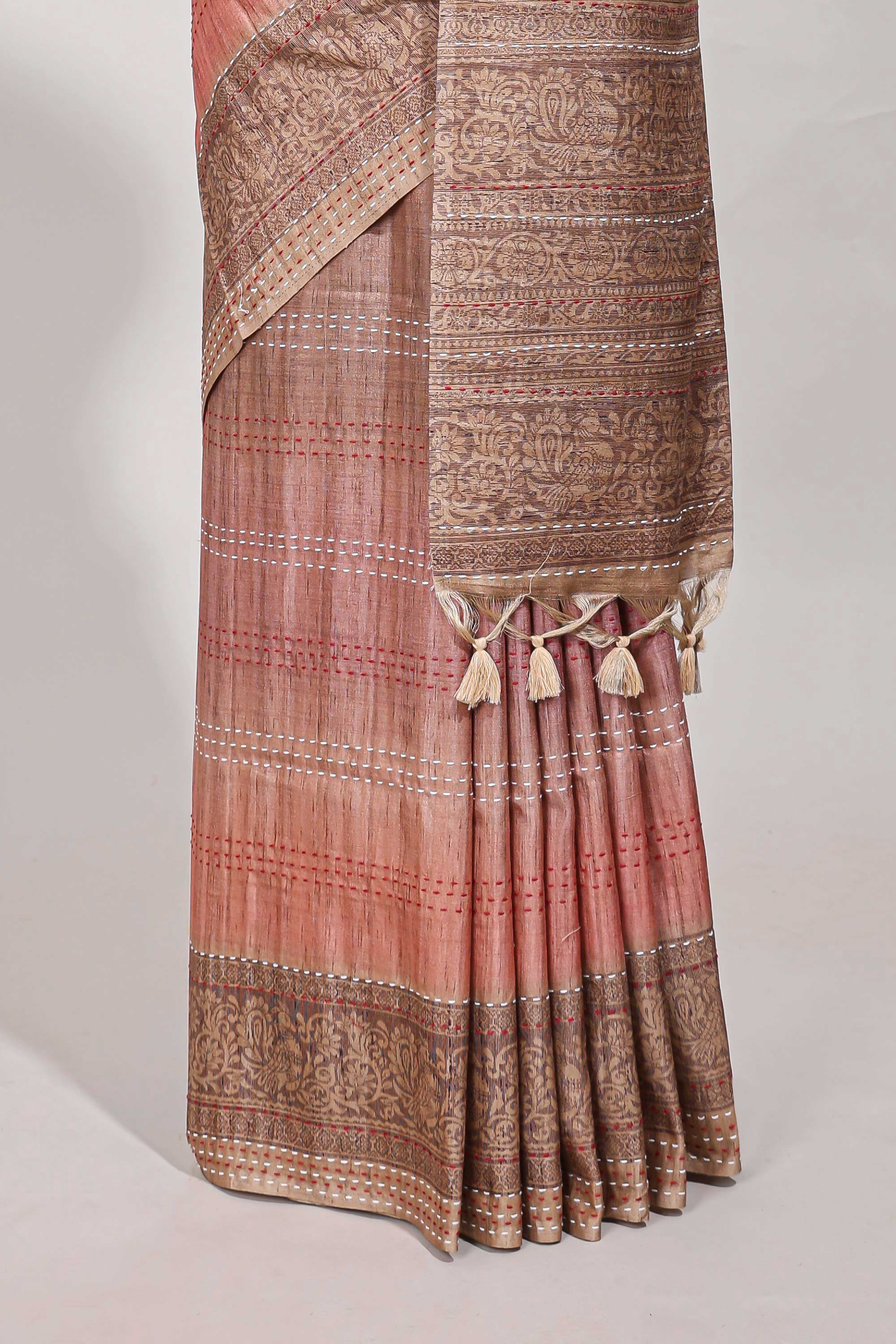 Peach semi tussar saree all hand work embroidery with contrast border and contrast printed printed pallu