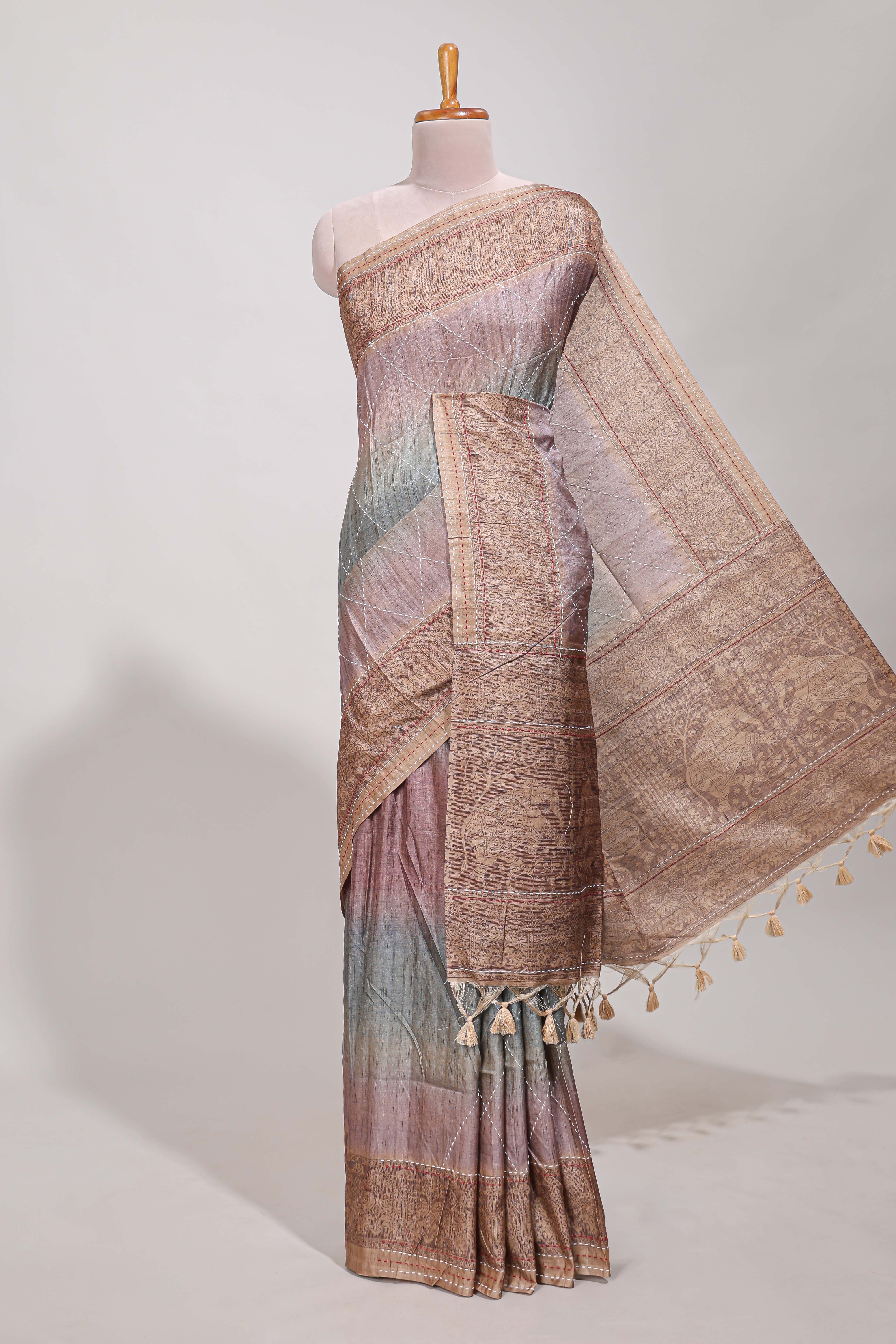 Mauve shade semi tussar saree all hand work embroidery with contrast border and contrast printed printed pallu