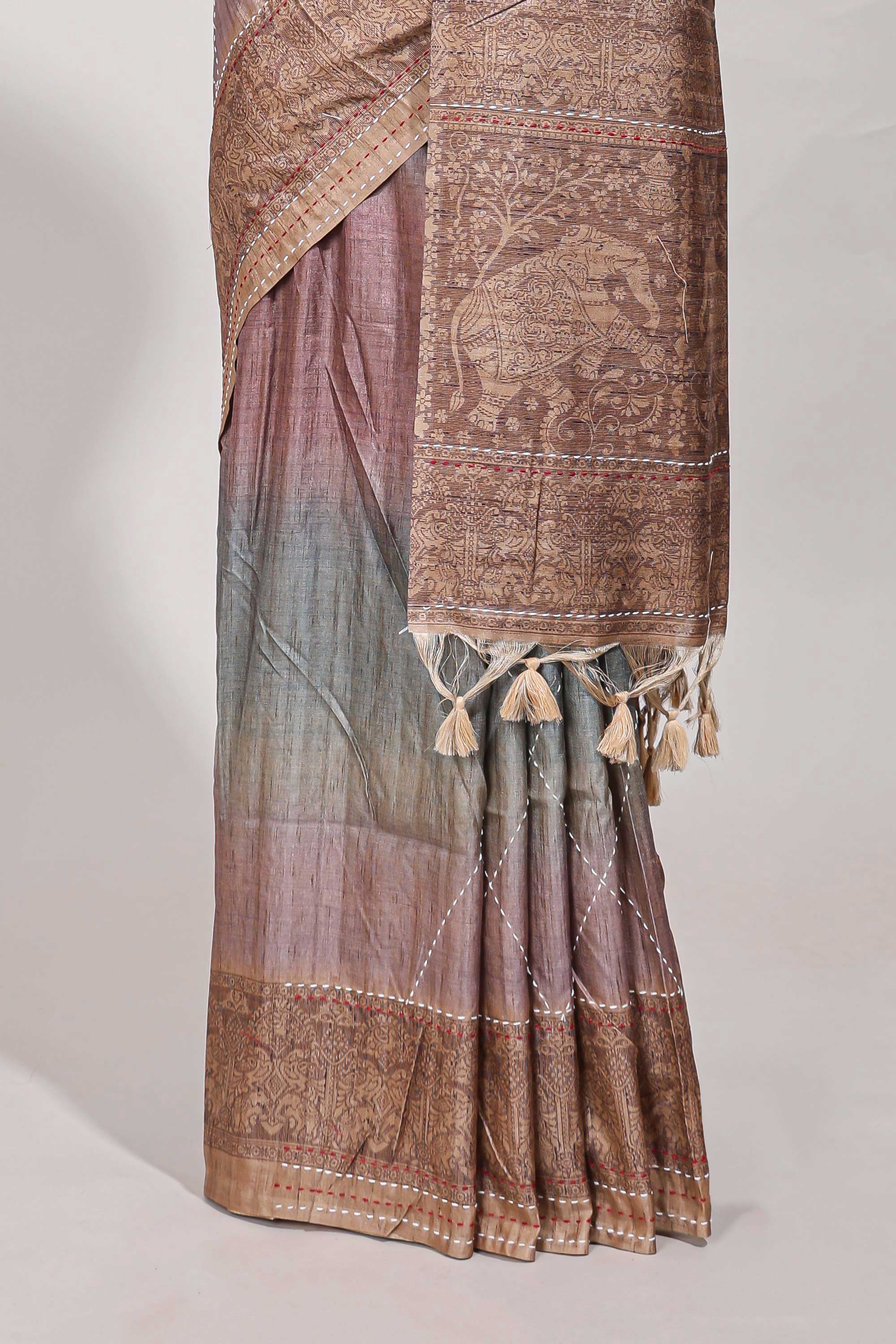 Mauve shade semi tussar saree all hand work embroidery with contrast border and contrast printed printed pallu