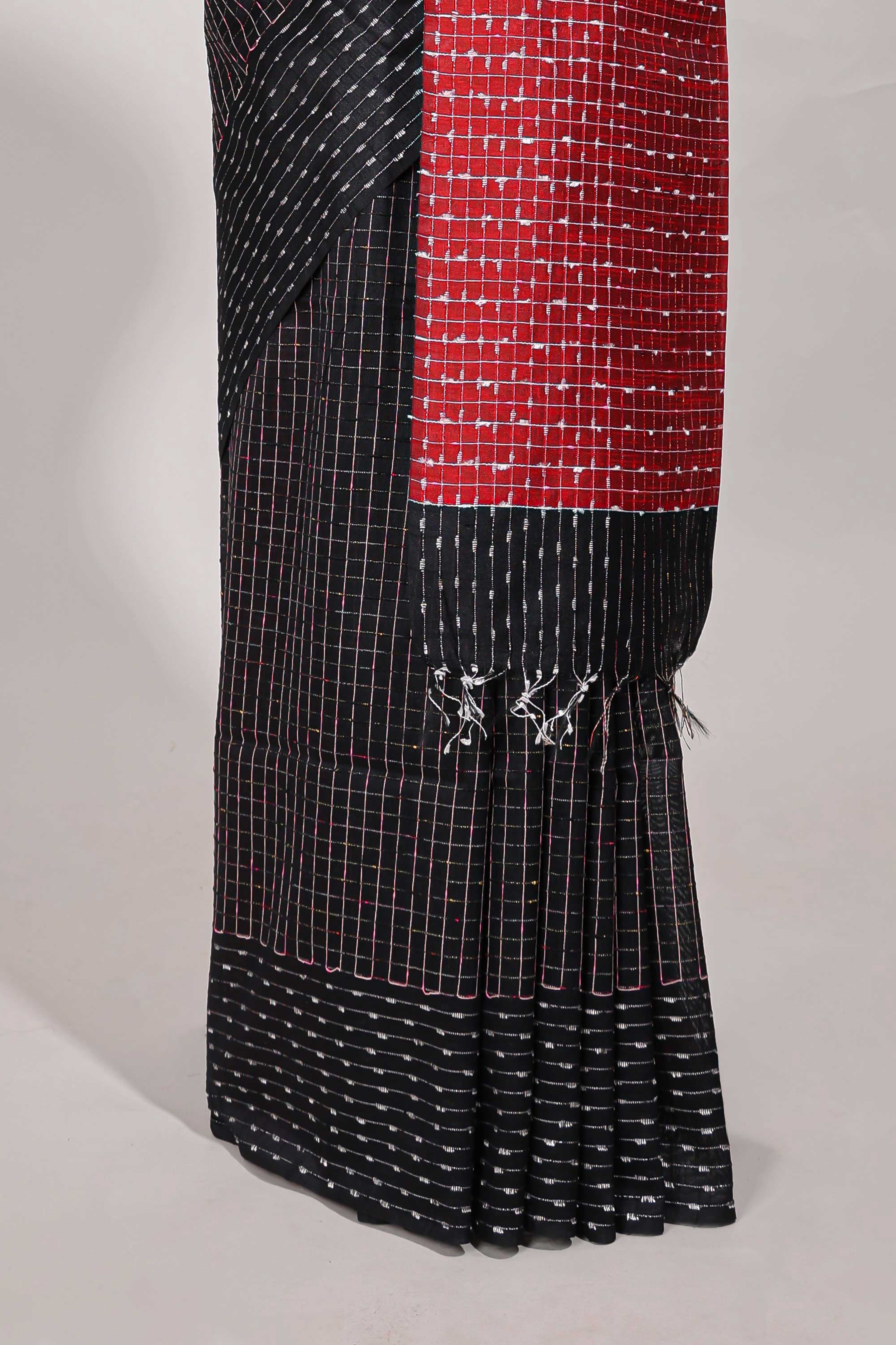 Black semi tussar saree allembroidery work with contrast thread work pallu and contrast blouse