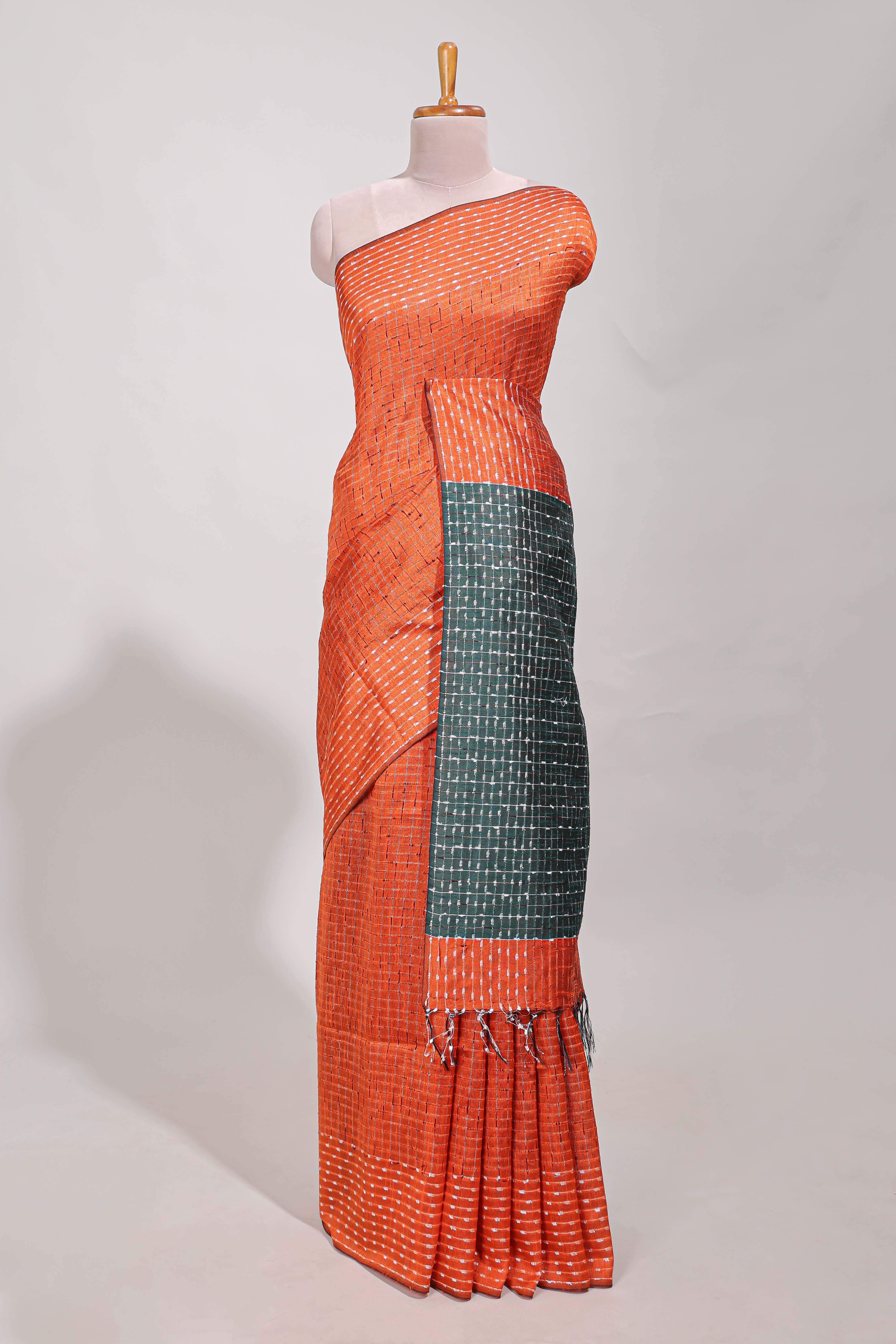 Orange semi tussar saree allembroidery work with contrast thread work pallu and contrast blouse