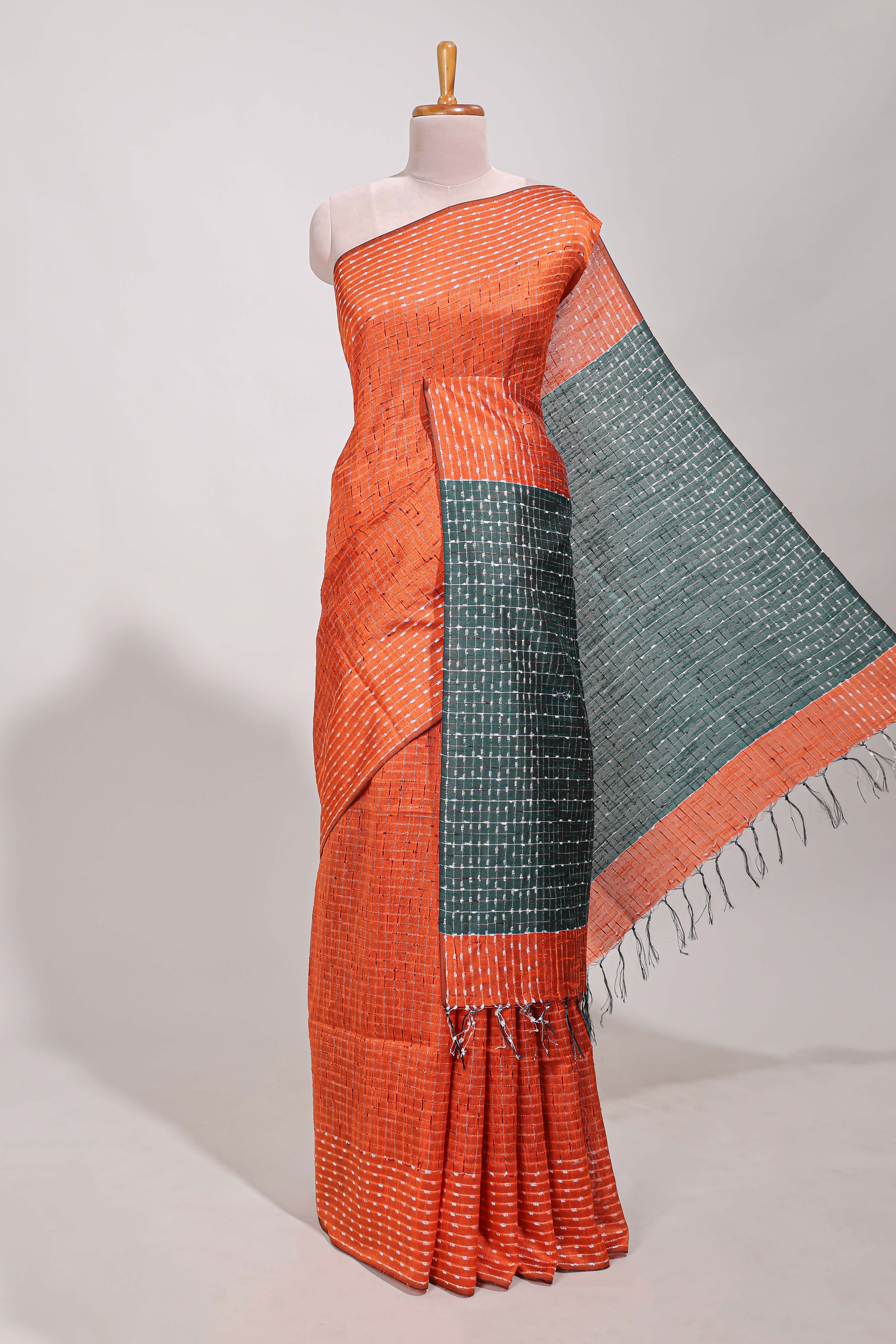 Orange semi tussar saree allembroidery work with contrast thread work pallu and contrast blouse