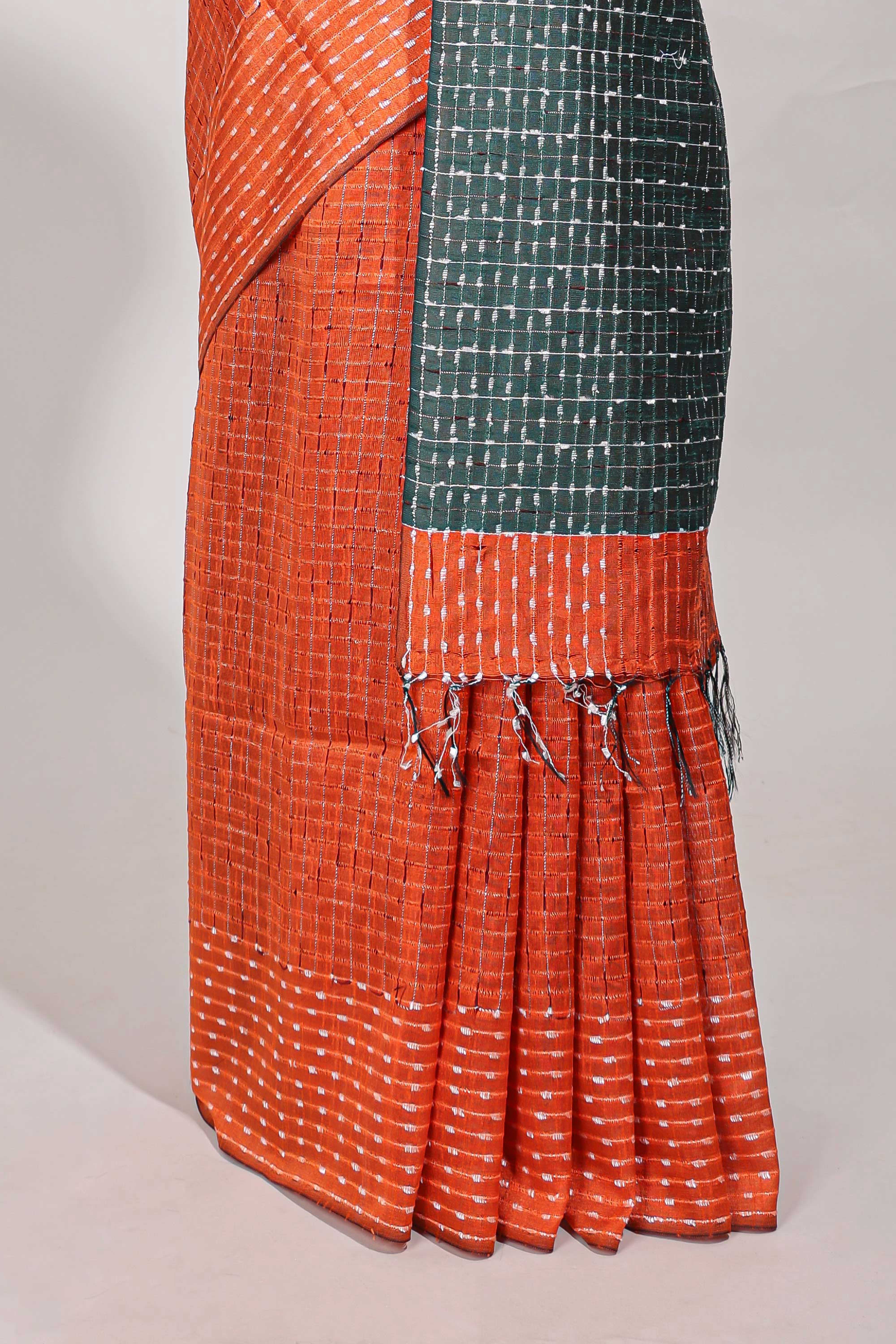 Orange semi tussar saree allembroidery work with contrast thread work pallu and contrast blouse
