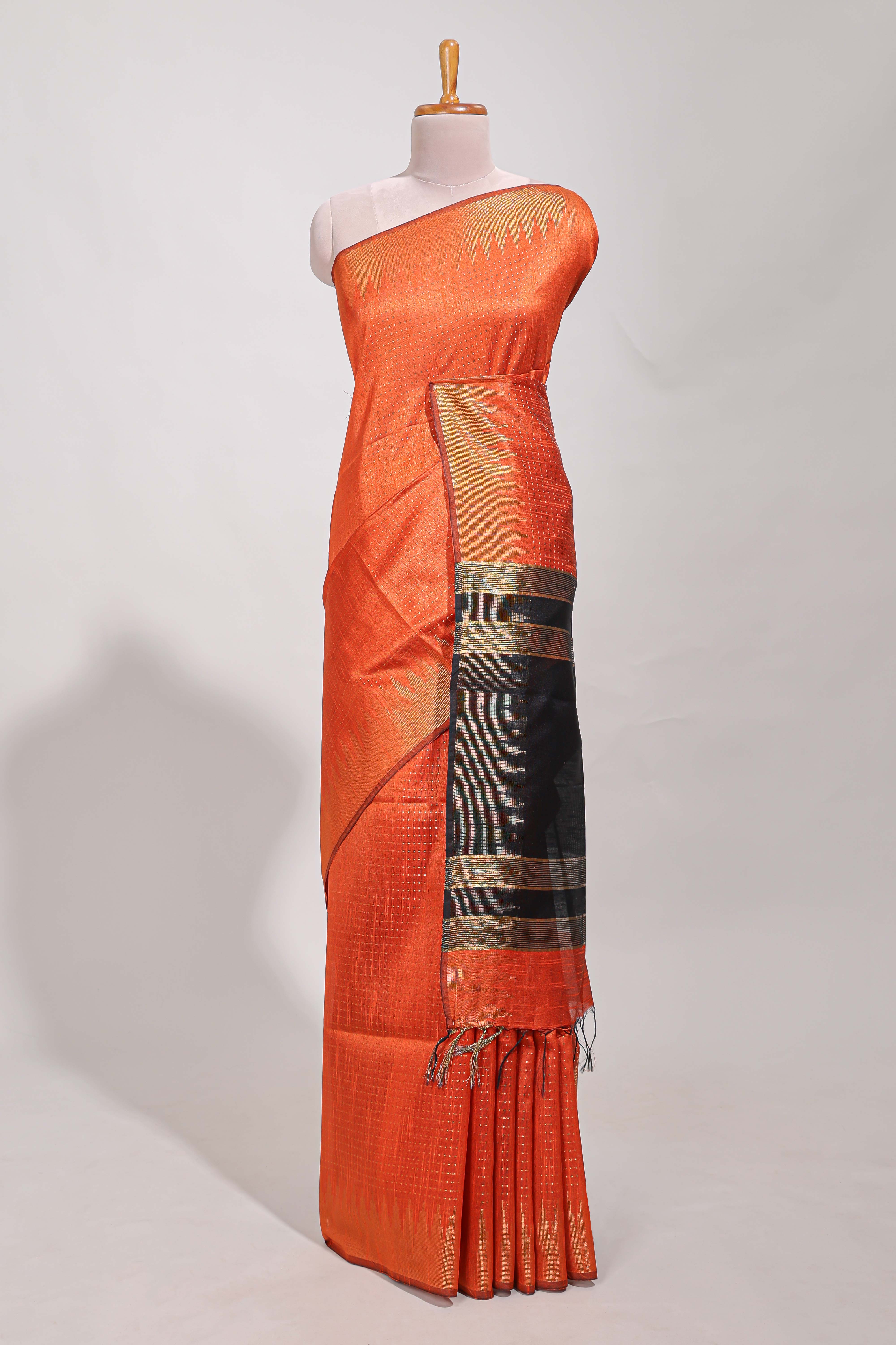 Orange semi tussar saree allzariwork with zaritemple border and contrast blouse