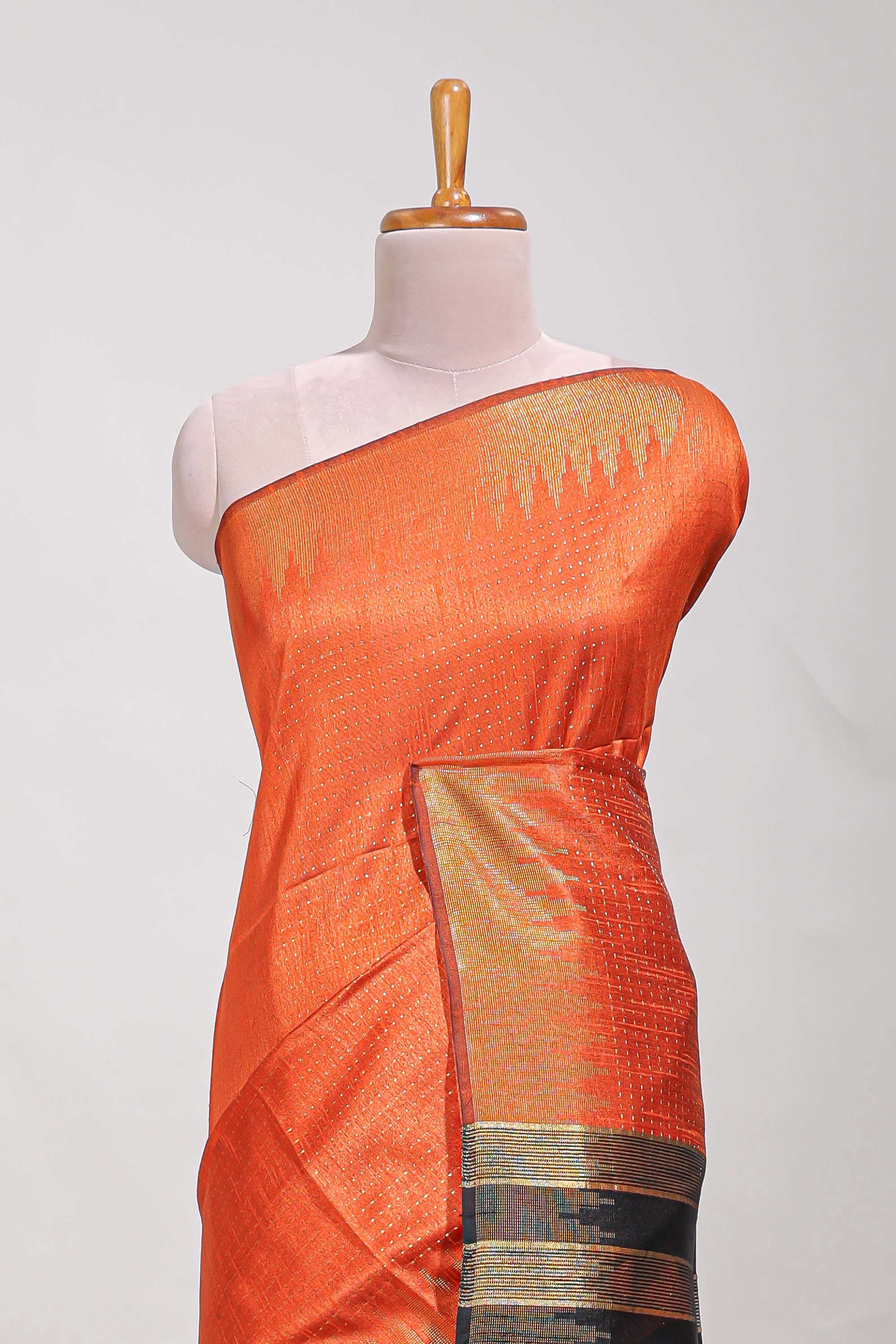 Orange semi tussar saree allzariwork with zaritemple border and contrast blouse