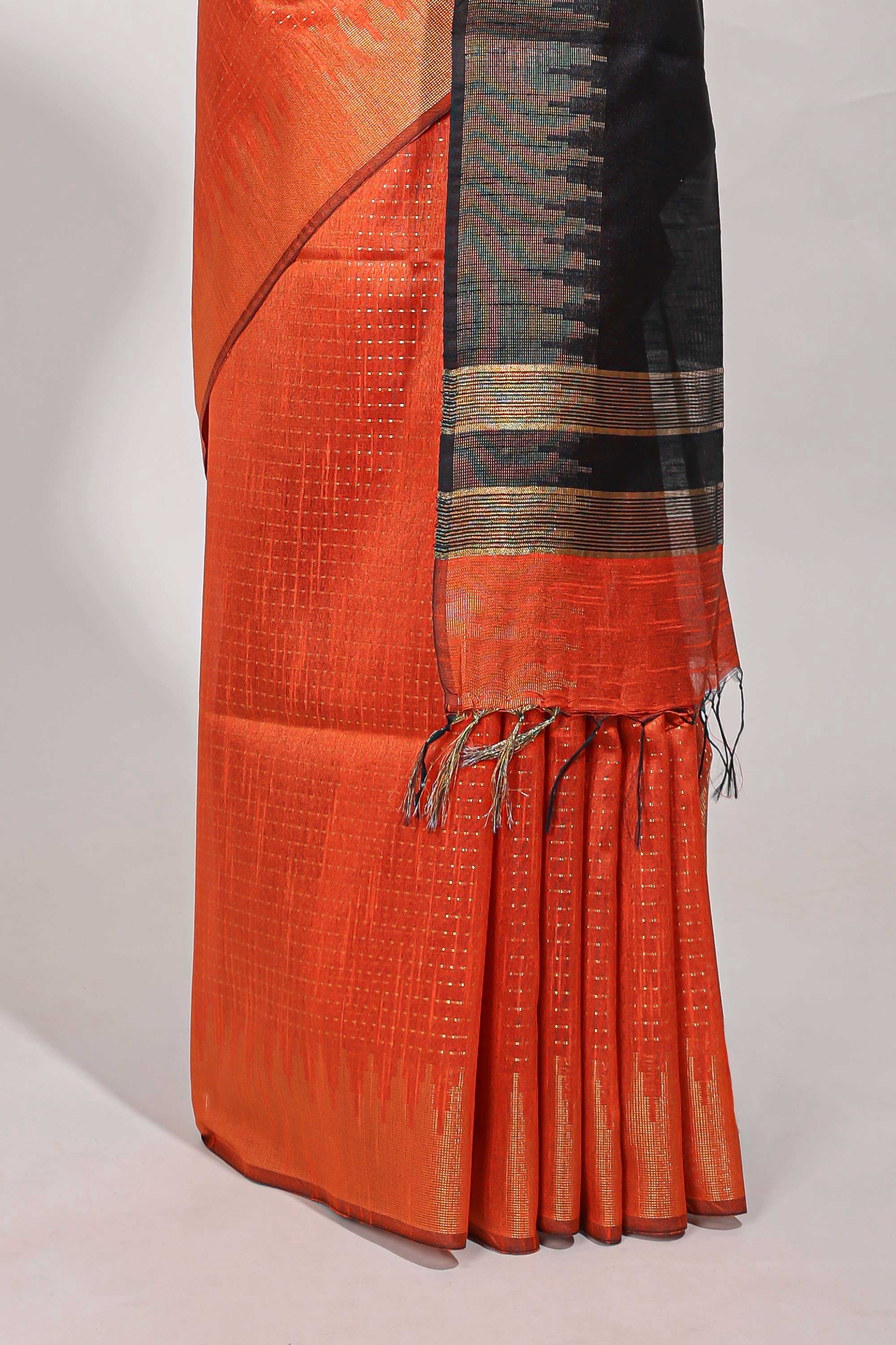 Orange semi tussar saree allzariwork with zaritemple border and contrast blouse