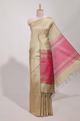 Sandle colour semi tussar saree with contrast zari pallu and contrast blouse