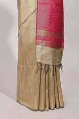 Sandle colour semi tussar saree with contrast zari pallu and contrast blouse