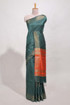 Green semi tussar saree allzariwork with zaritemple border and contrast blouse