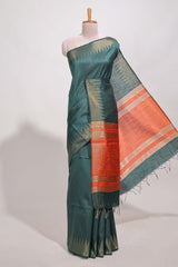 Green semi tussar saree allzariwork with zaritemple border and contrast blouse