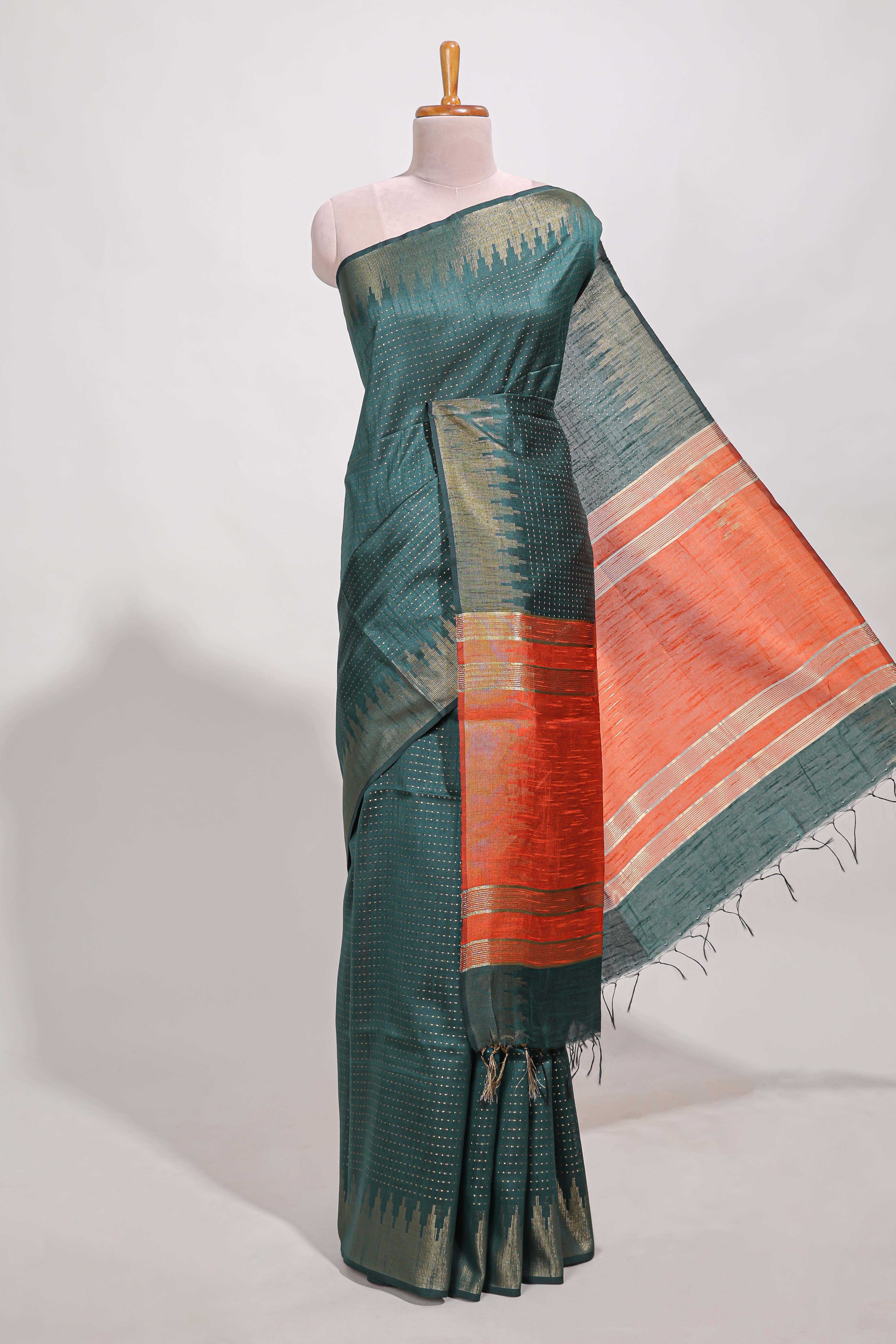 Green semi tussar saree allzariwork with zaritemple border and contrast blouse