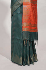 Green semi tussar saree allzariwork with zaritemple border and contrast blouse