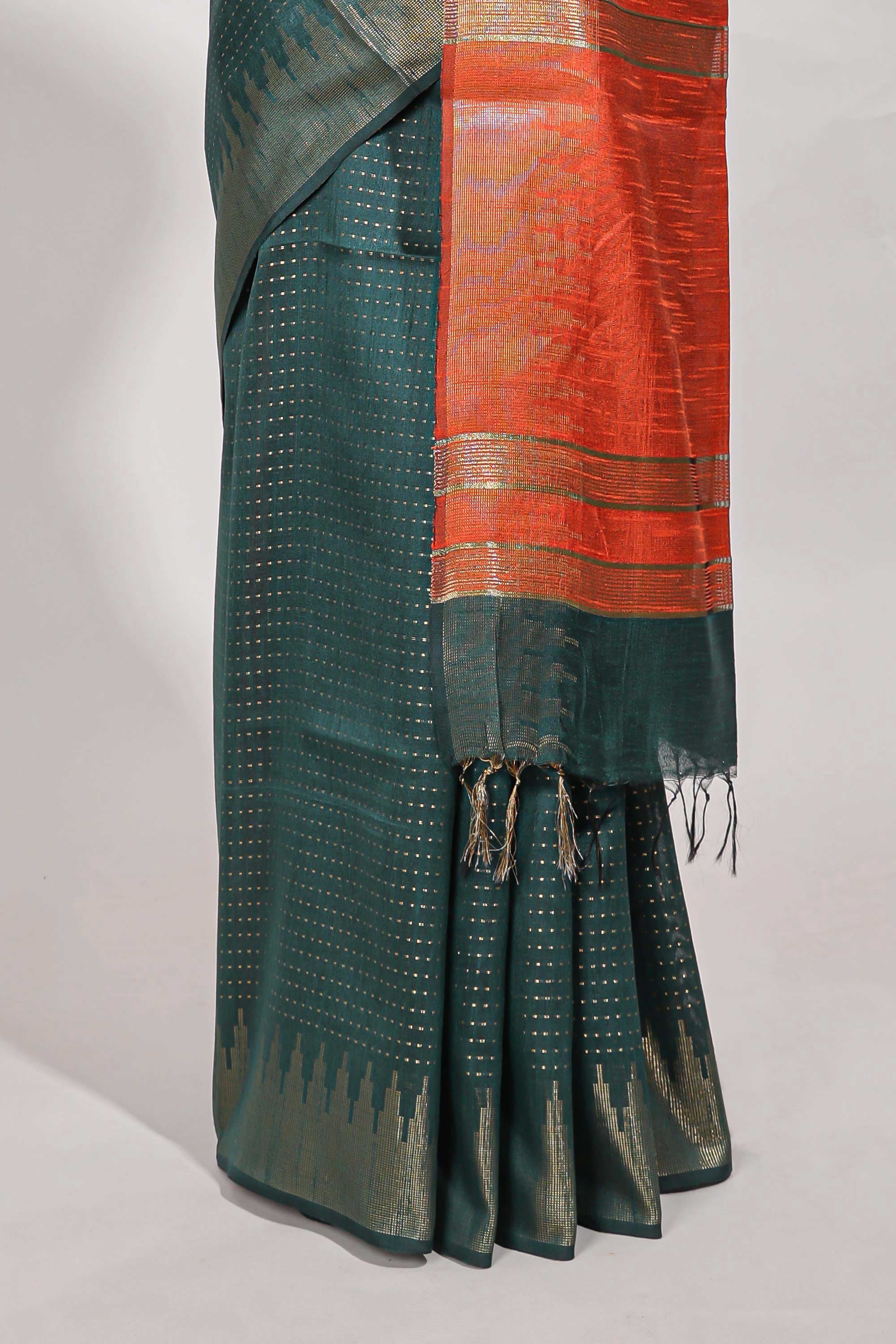 Green semi tussar saree allzariwork with zaritemple border and contrast blouse