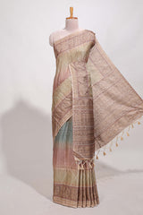 Champagne Beige shade semi tussar saree all hand work embroidery with contrast border and contrast printed printed pallu