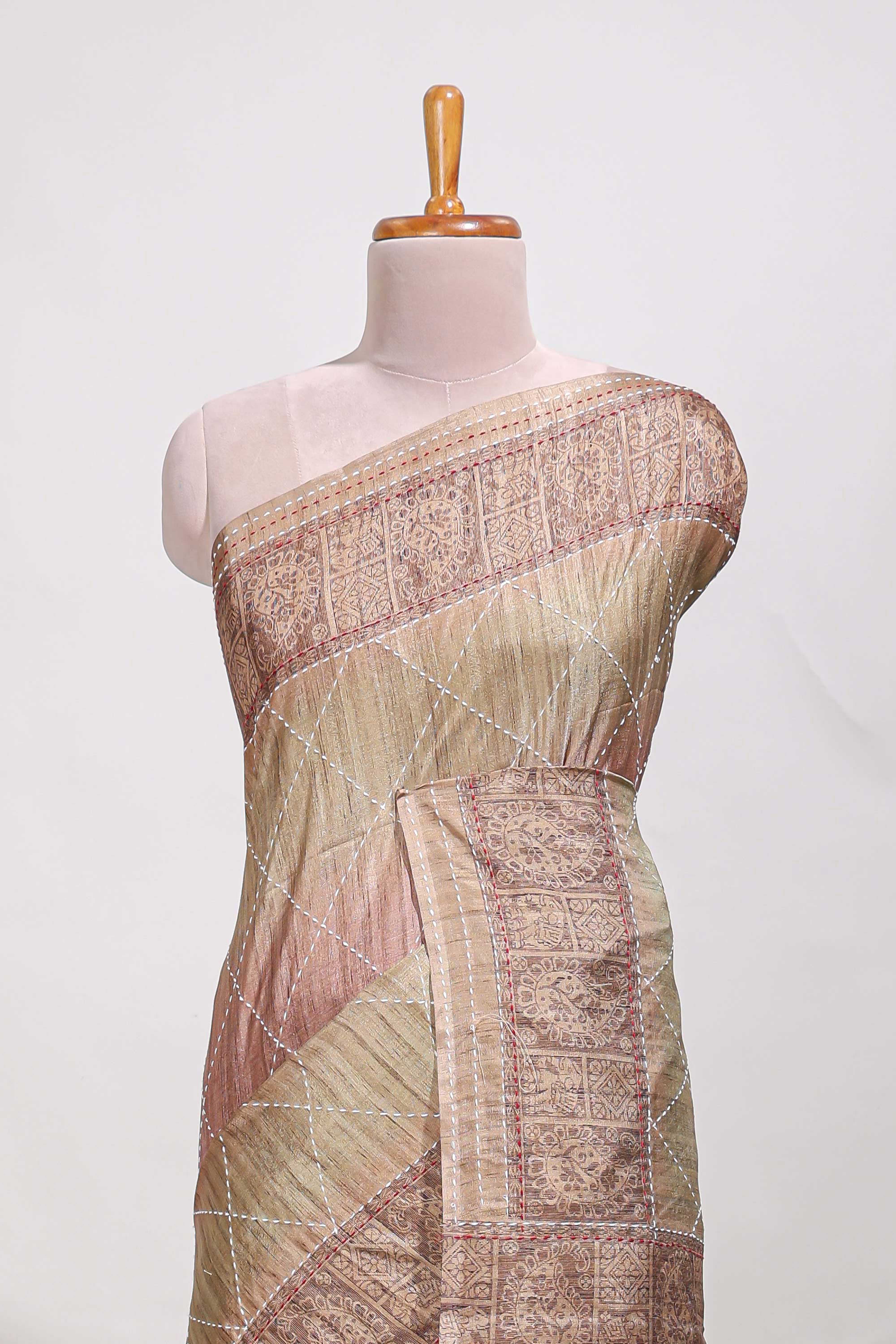 Champagne Beige shade semi tussar saree all hand work embroidery with contrast border and contrast printed printed pallu