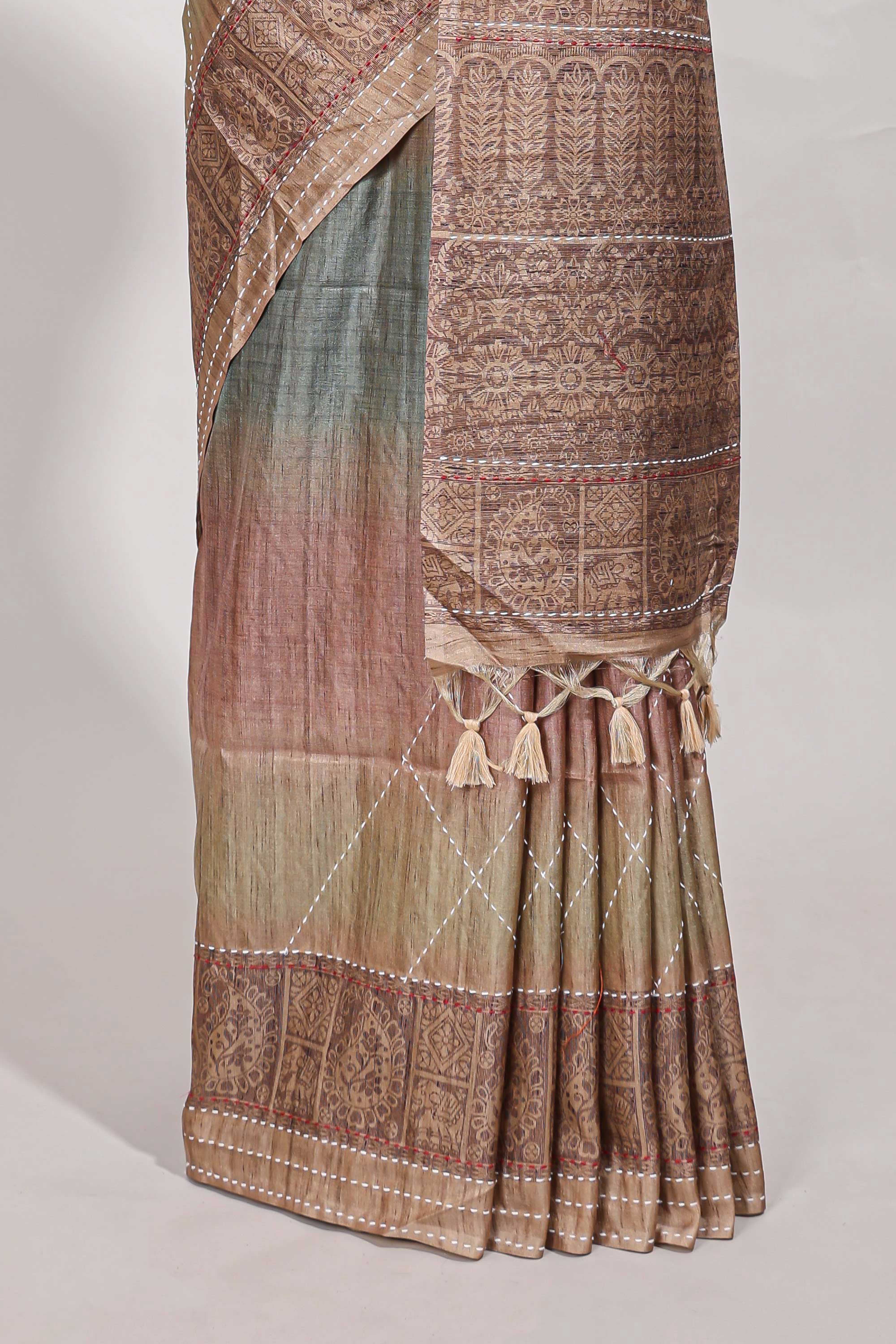 Champagne Beige shade semi tussar saree all hand work embroidery with contrast border and contrast printed printed pallu