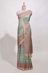 Turkish blue shade semi tussar saree all hand work embroidery with contrast border and contrast printed printed pallu