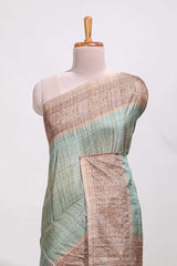 Turkish blue shade semi tussar saree all hand work embroidery with contrast border and contrast printed printed pallu