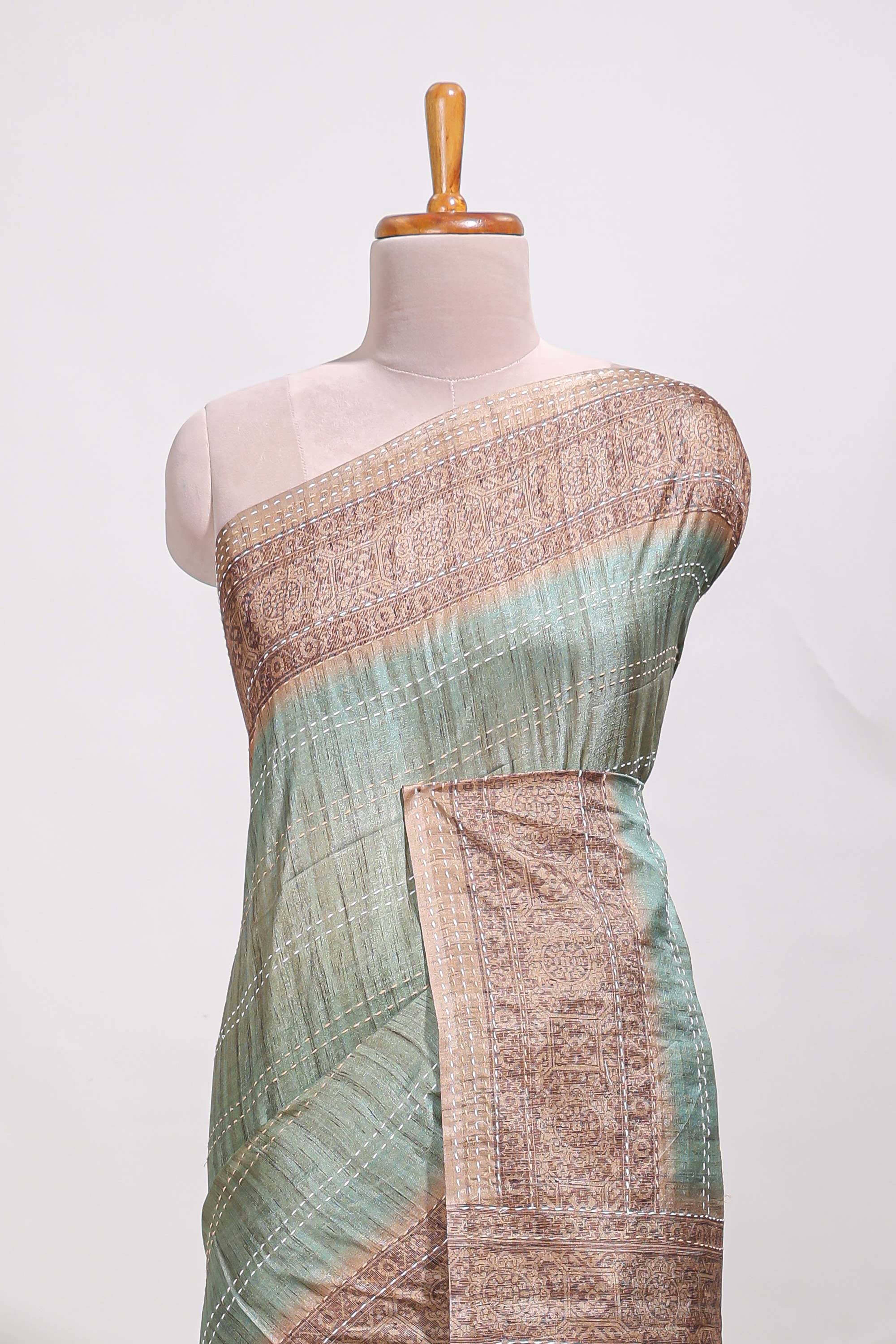 Turkish blue shade semi tussar saree all hand work embroidery with contrast border and contrast printed printed pallu