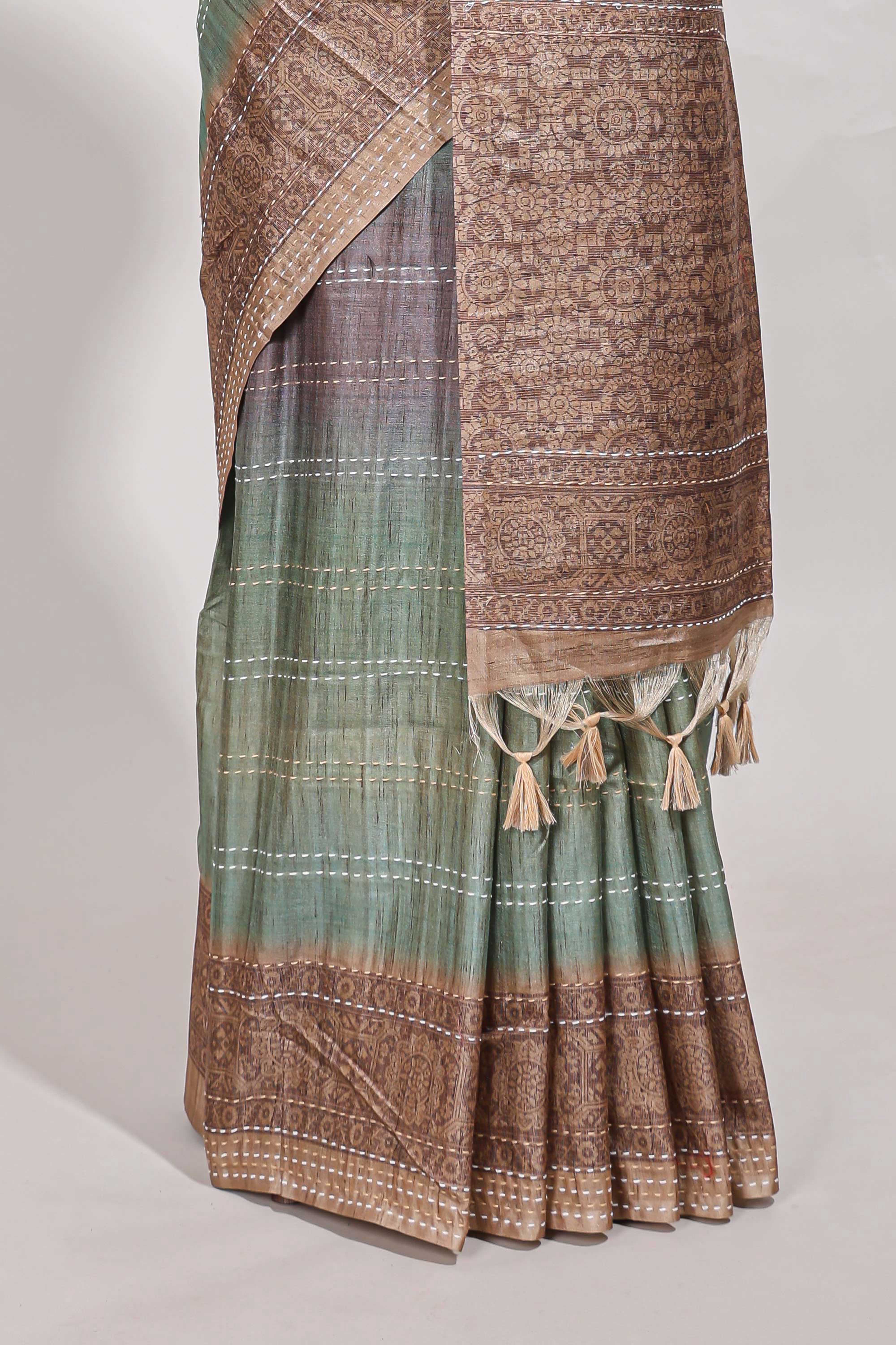 Turkish blue shade semi tussar saree all hand work embroidery with contrast border and contrast printed printed pallu