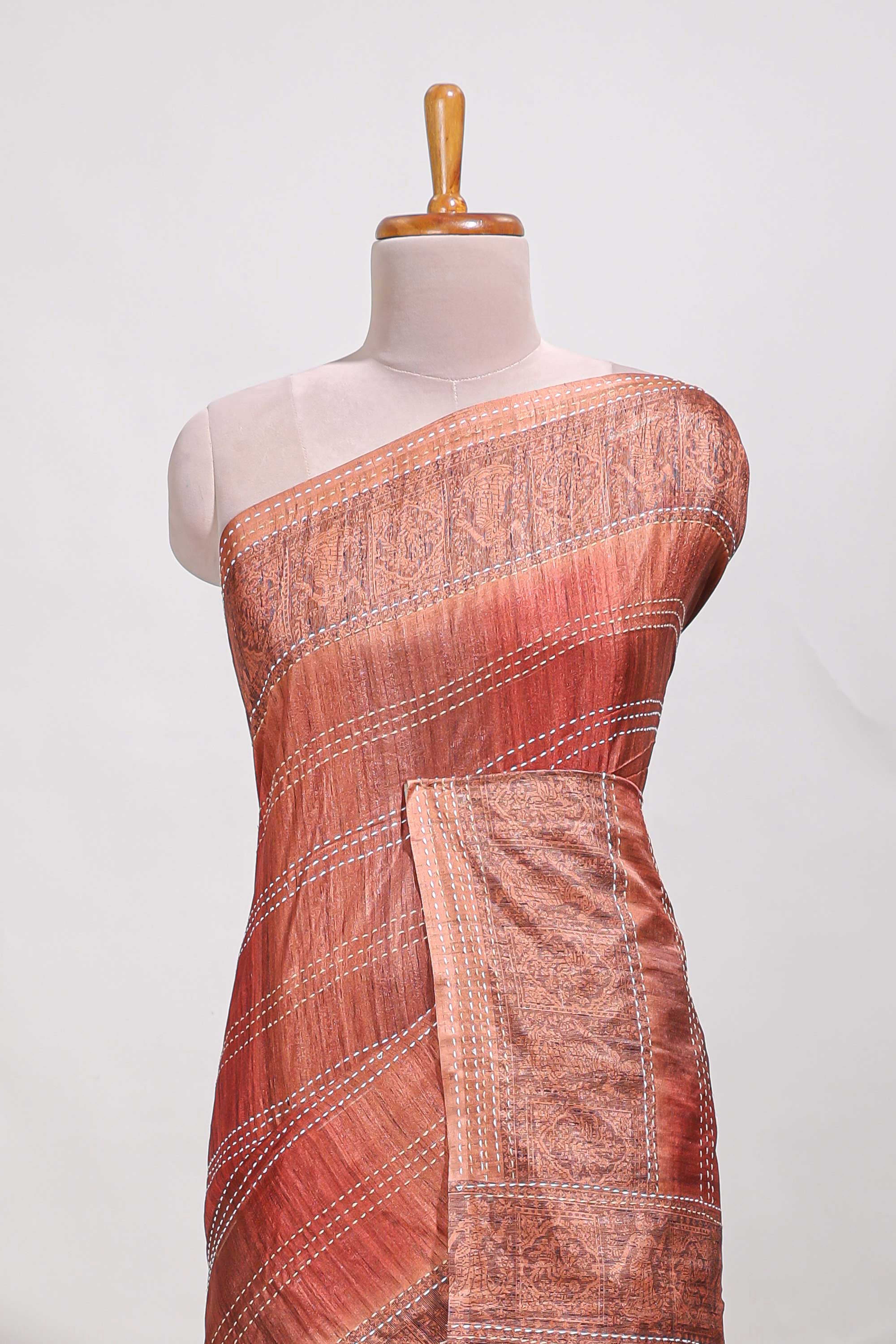 Brick Red shade semi tussar saree all hand work embroidery with contrast border and contrast printed printed pallu