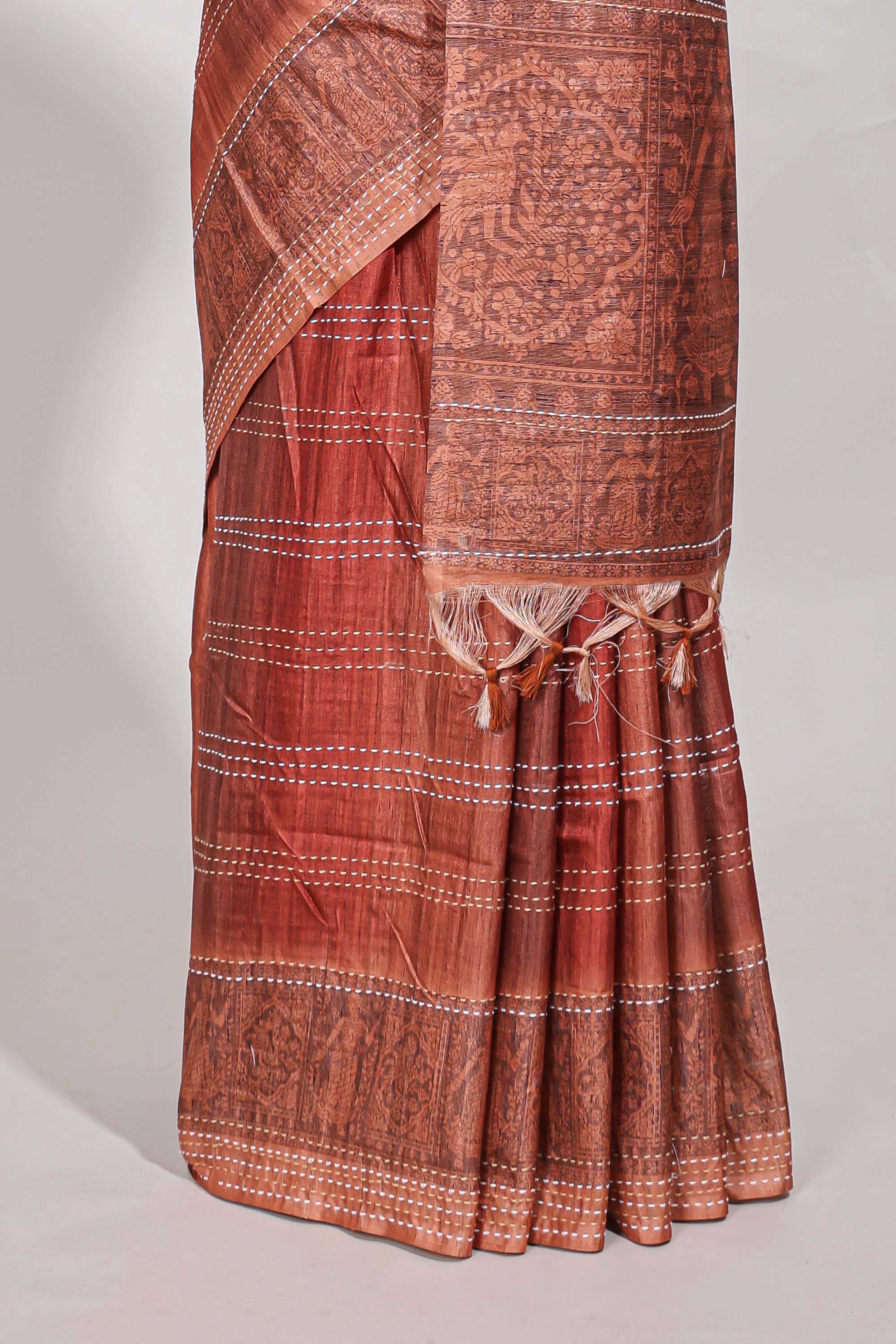 Brick Red shade semi tussar saree all hand work embroidery with contrast border and contrast printed printed pallu