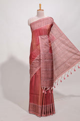 Red shade semi tussar saree all hand work embroidery with contrast border and contrast printed printed pallu