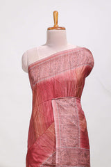 Red shade semi tussar saree all hand work embroidery with contrast border and contrast printed printed pallu