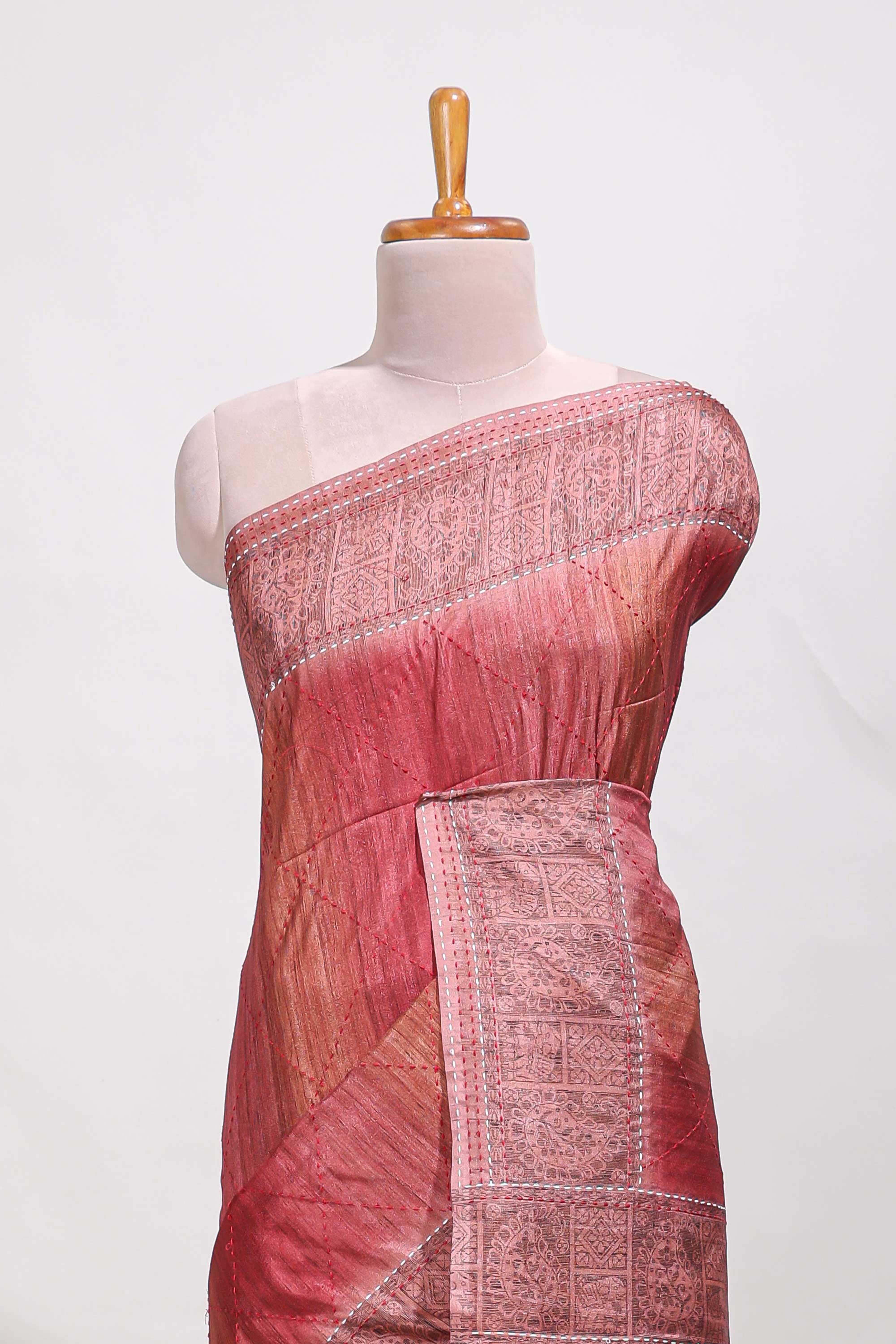 Red shade semi tussar saree all hand work embroidery with contrast border and contrast printed printed pallu