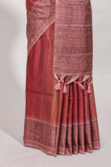 Red shade semi tussar saree all hand work embroidery with contrast border and contrast printed printed pallu