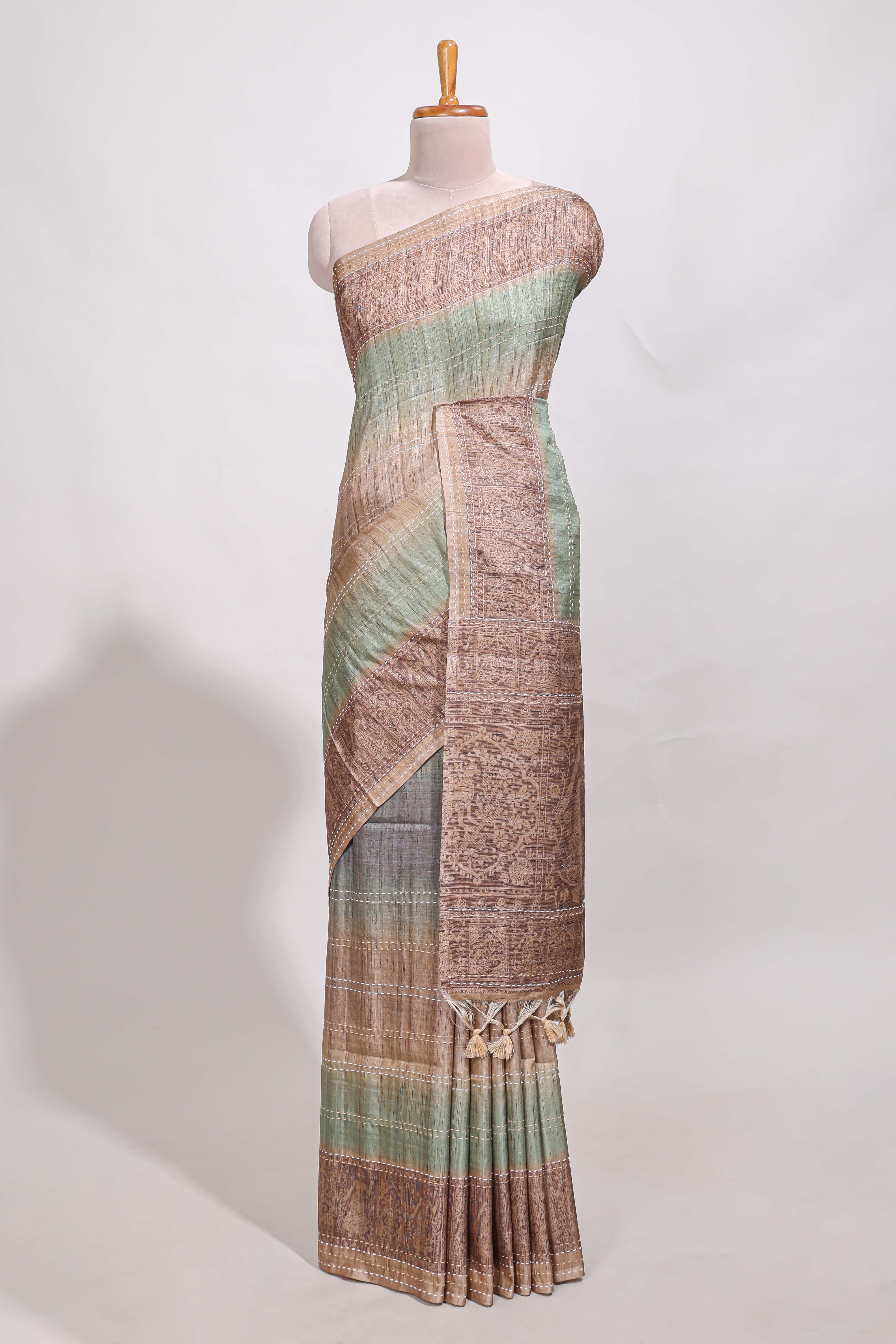Powder green shade semi tussar saree all hand work embroidery with contrast border and contrast printed printed pallu