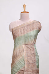 Powder green shade semi tussar saree all hand work embroidery with contrast border and contrast printed printed pallu