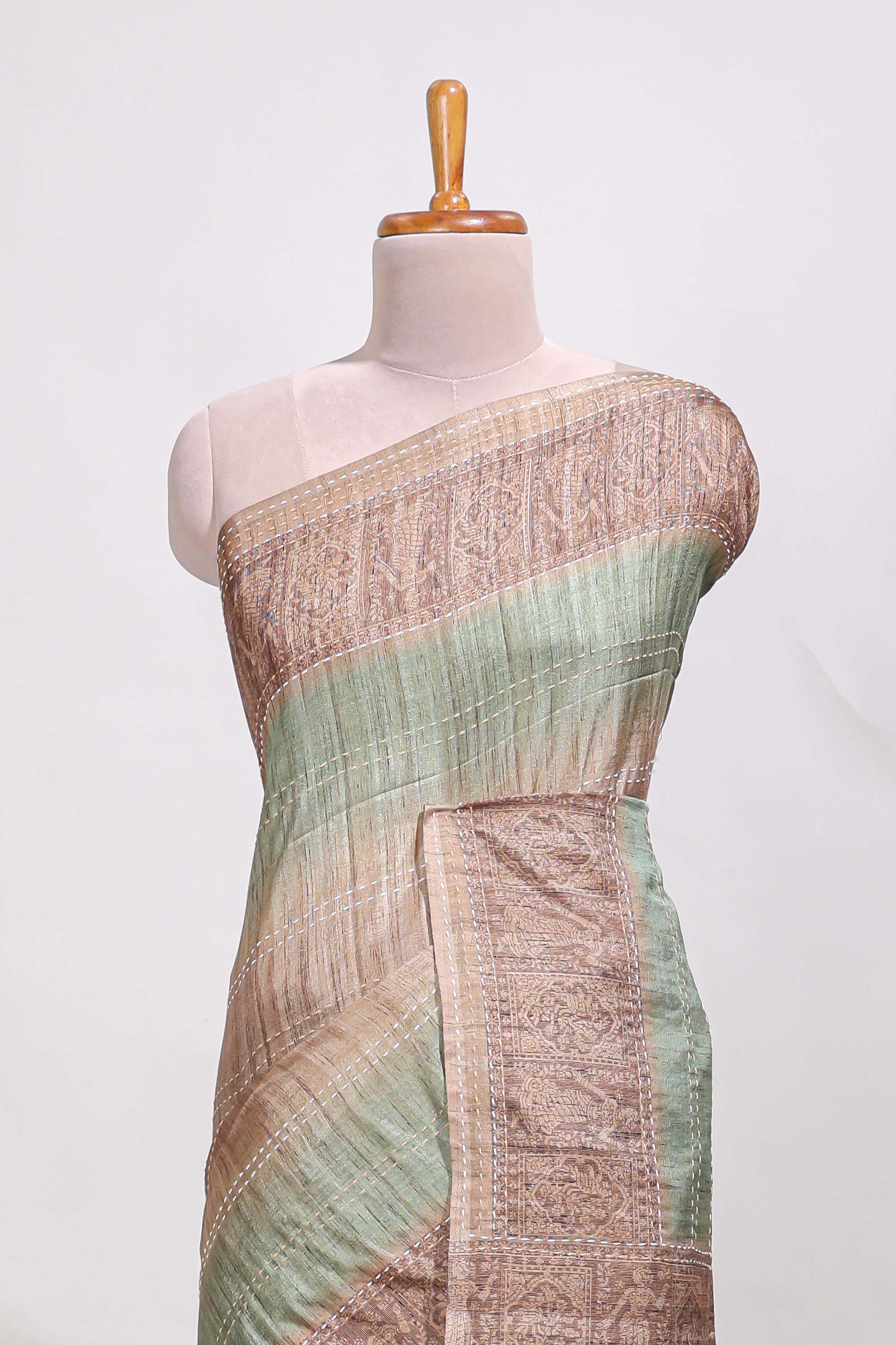 Powder green shade semi tussar saree all hand work embroidery with contrast border and contrast printed printed pallu