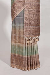 Powder green shade semi tussar saree all hand work embroidery with contrast border and contrast printed printed pallu