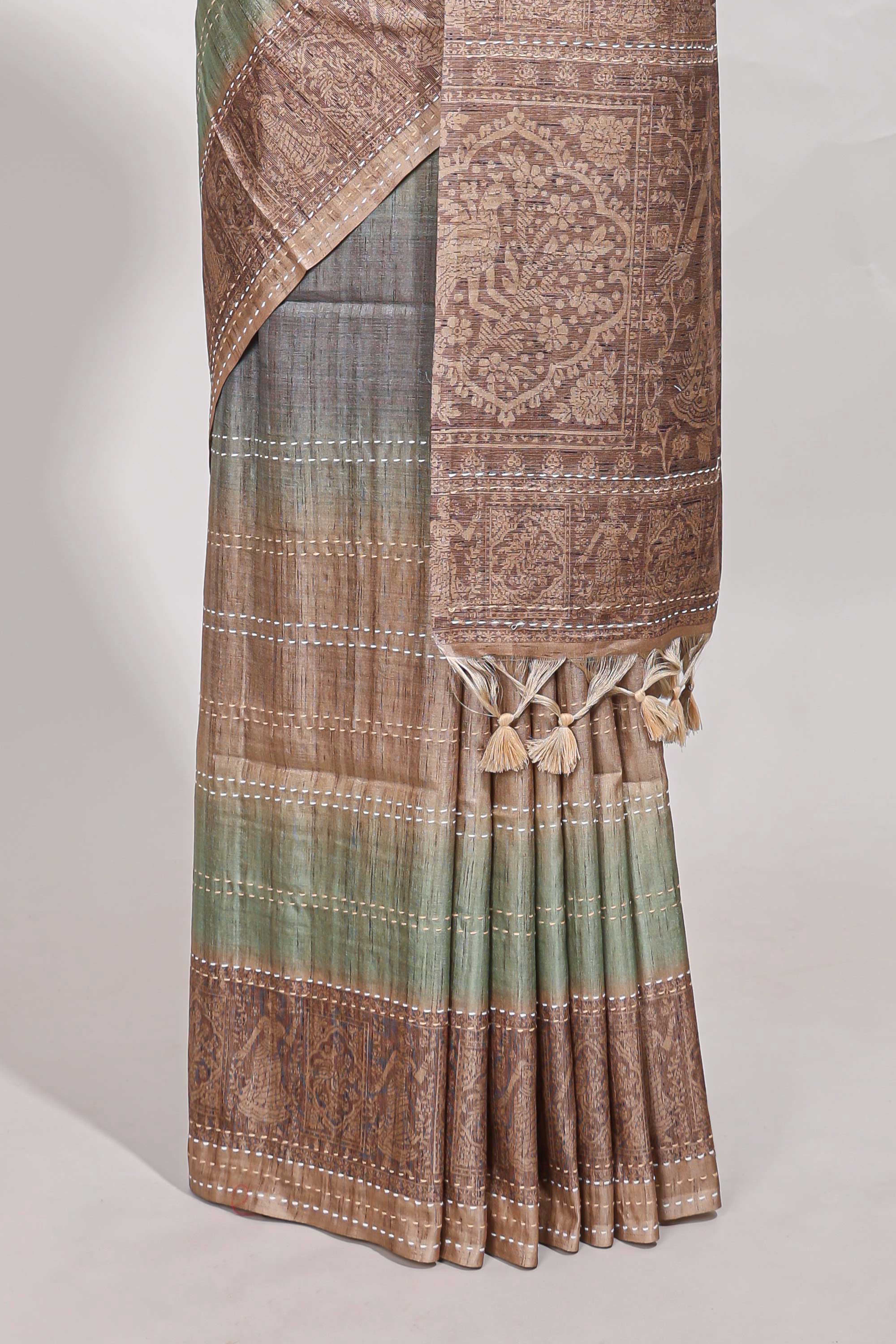 Powder green shade semi tussar saree all hand work embroidery with contrast border and contrast printed printed pallu