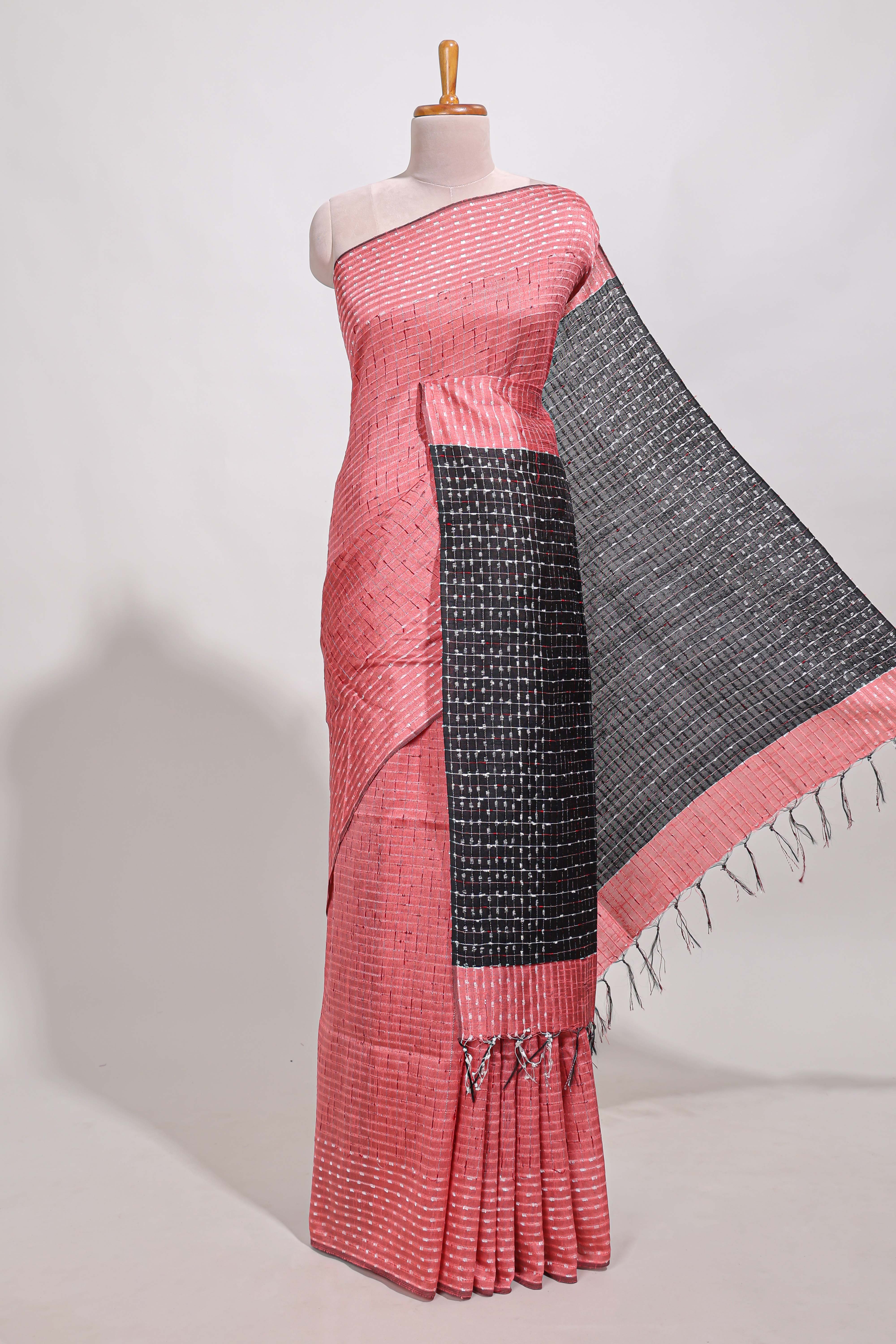 Pink semi tussar saree allembroidery work with contrast thread work pallu and contrast blouse