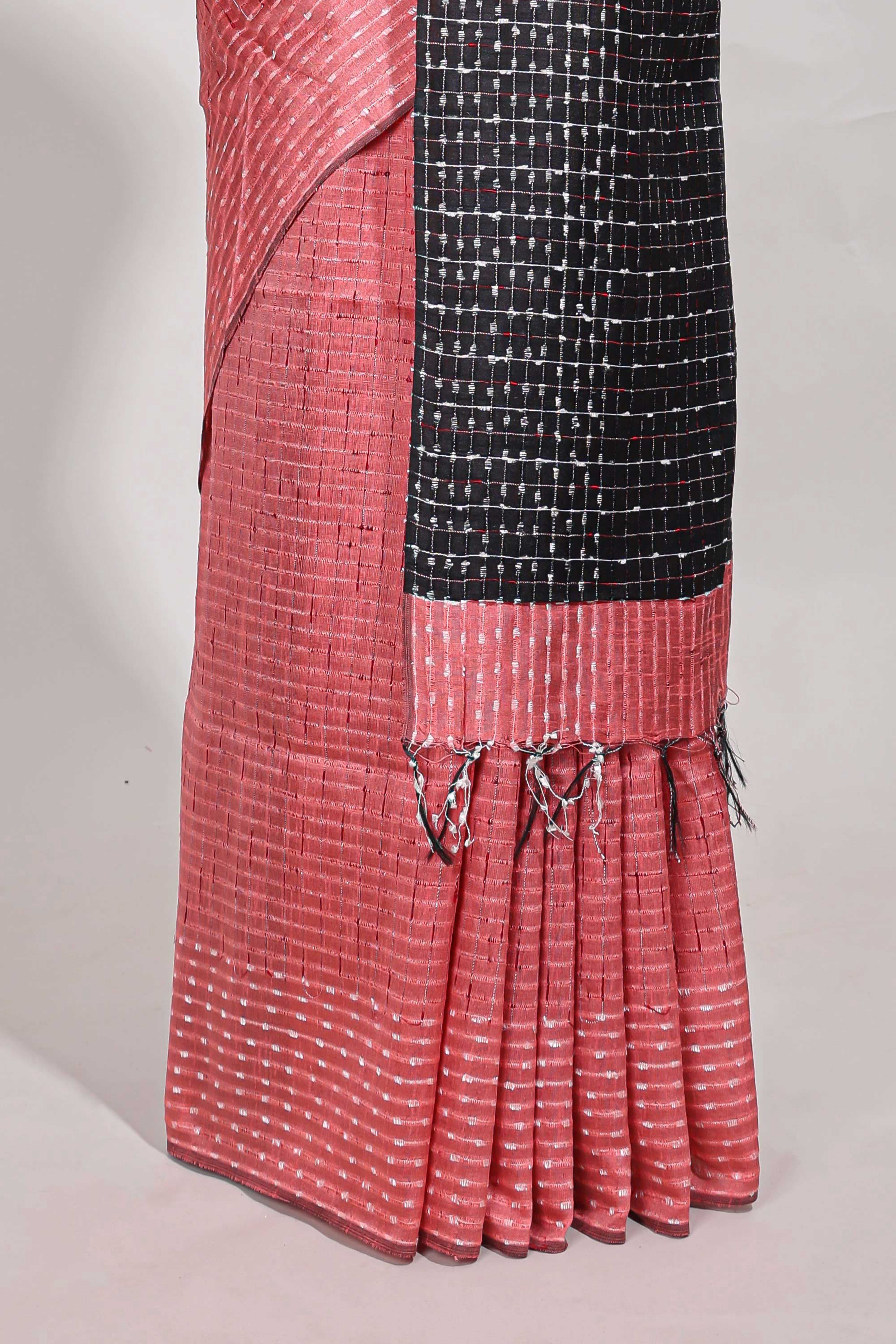 Pink semi tussar saree allembroidery work with contrast thread work pallu and contrast blouse