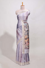 kalamakri semi tussar sareewith floral creeper prints zari border and kalamkari peacock motif print pallu